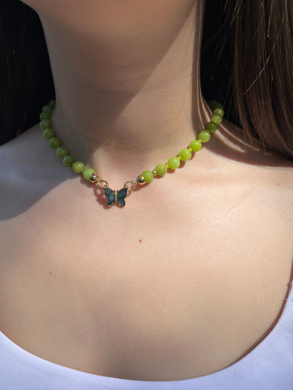 Natural Light Green Jade Necklace with 18K Gold Butterfly Clasp