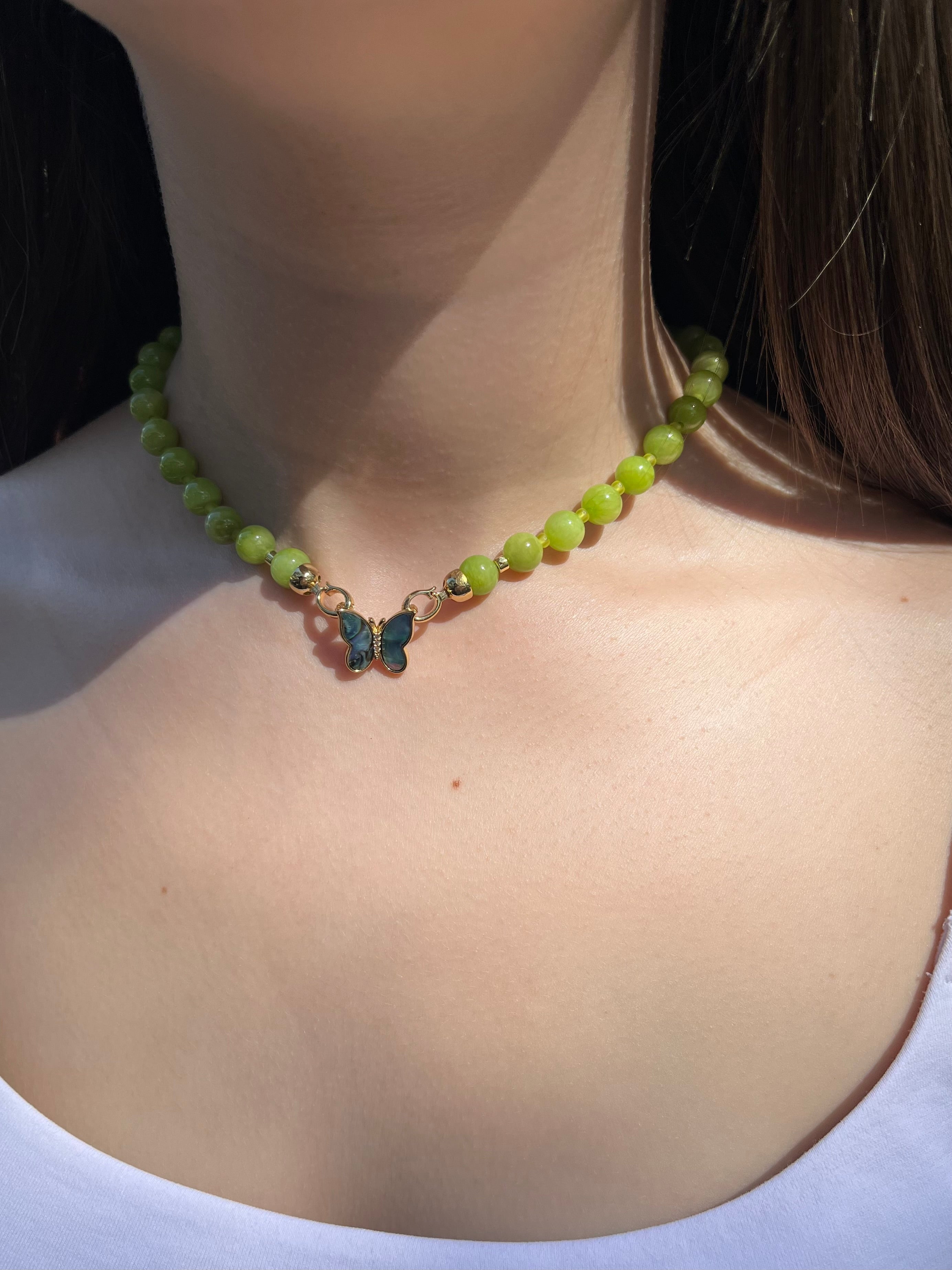 Natural Light Green Jade Necklace with 18K Gold Butterfly Clasp