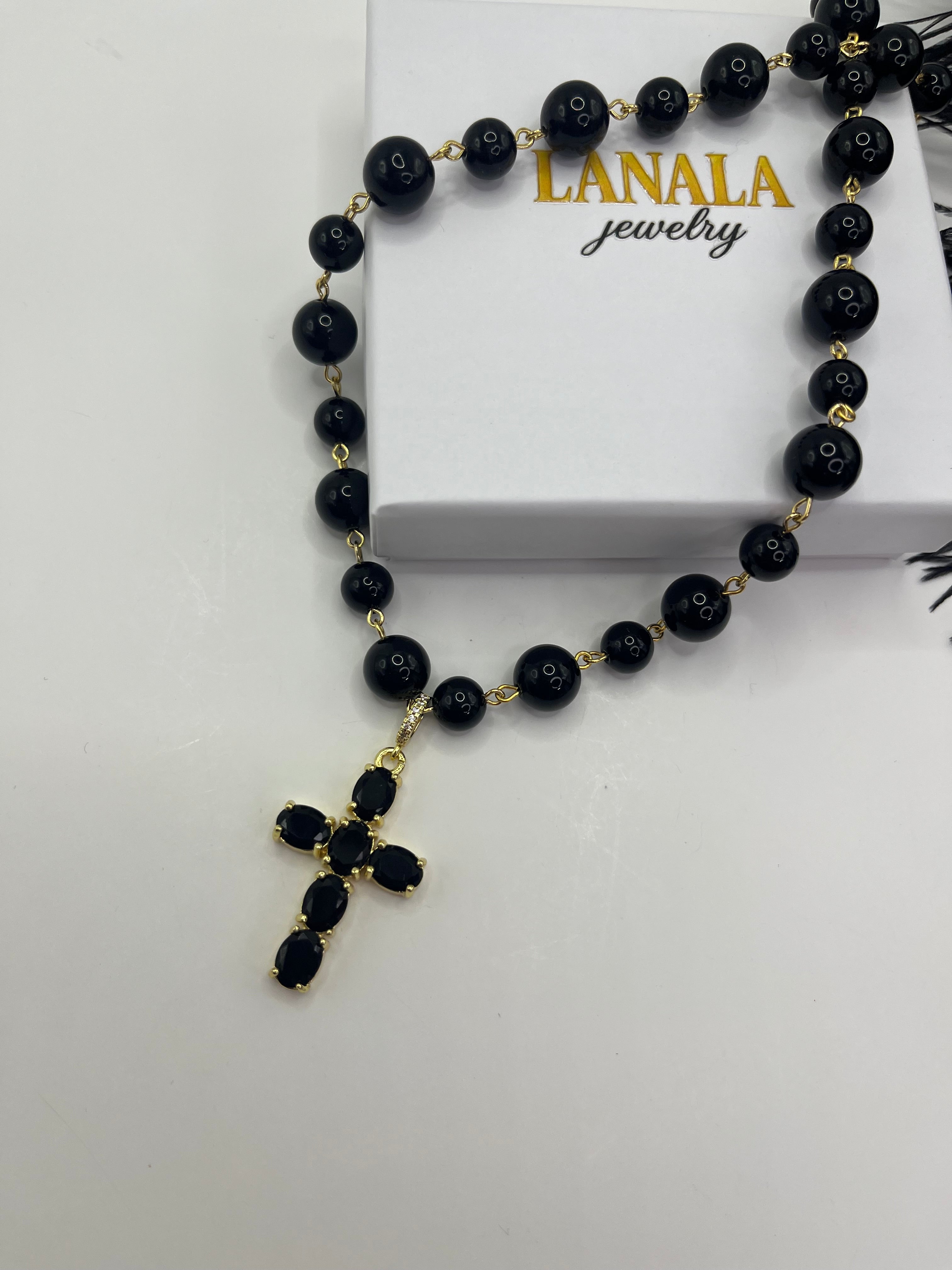 Black Onyx Necklace– 18K Gold Plated Zirconia Cross