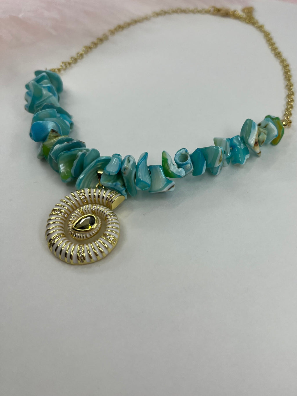 Natural Blue Shell Necklace with Conch Charm, 18K Gold Plated