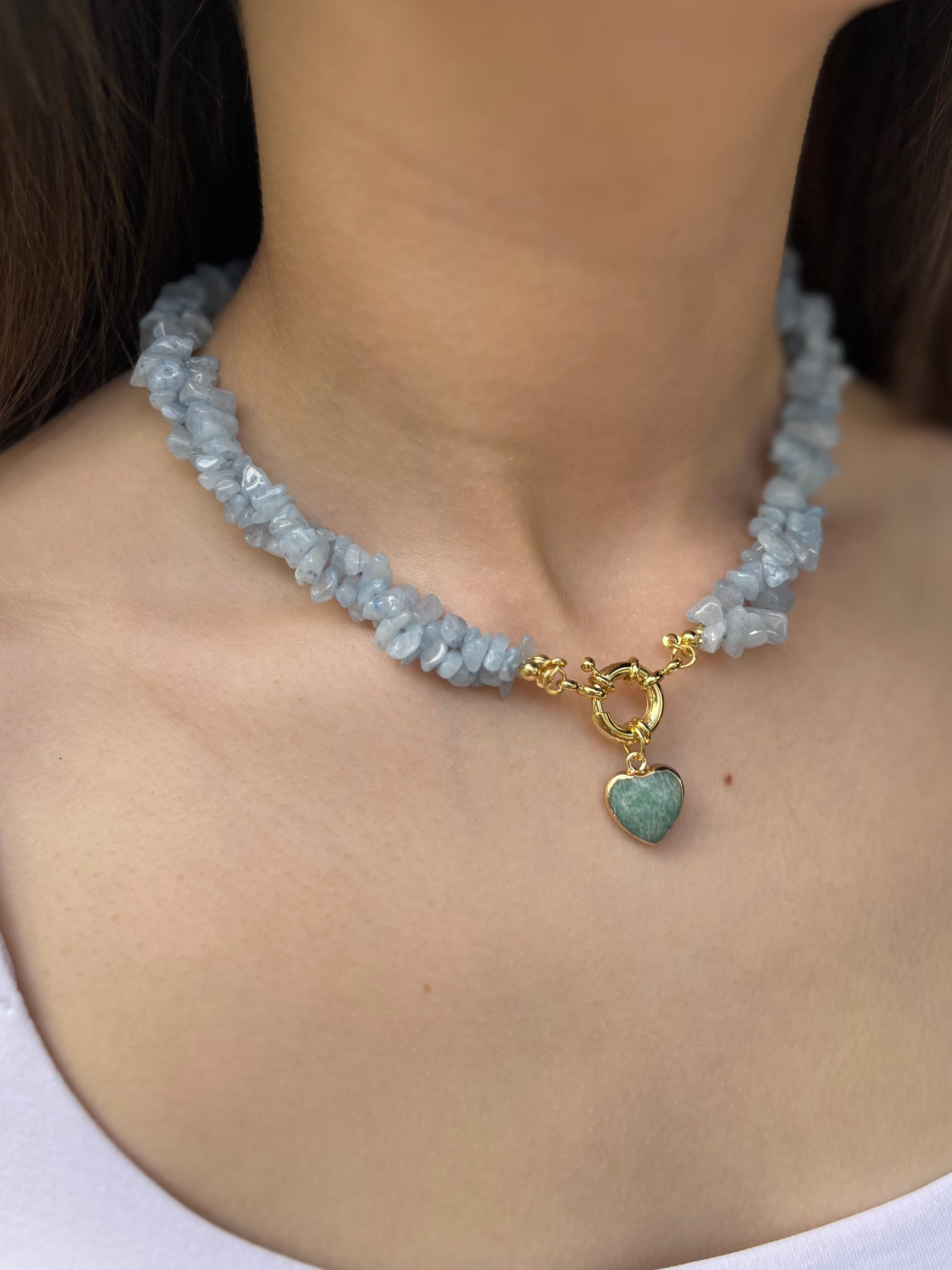 Natural Aquamarine Necklace with Amazonite heart pendant