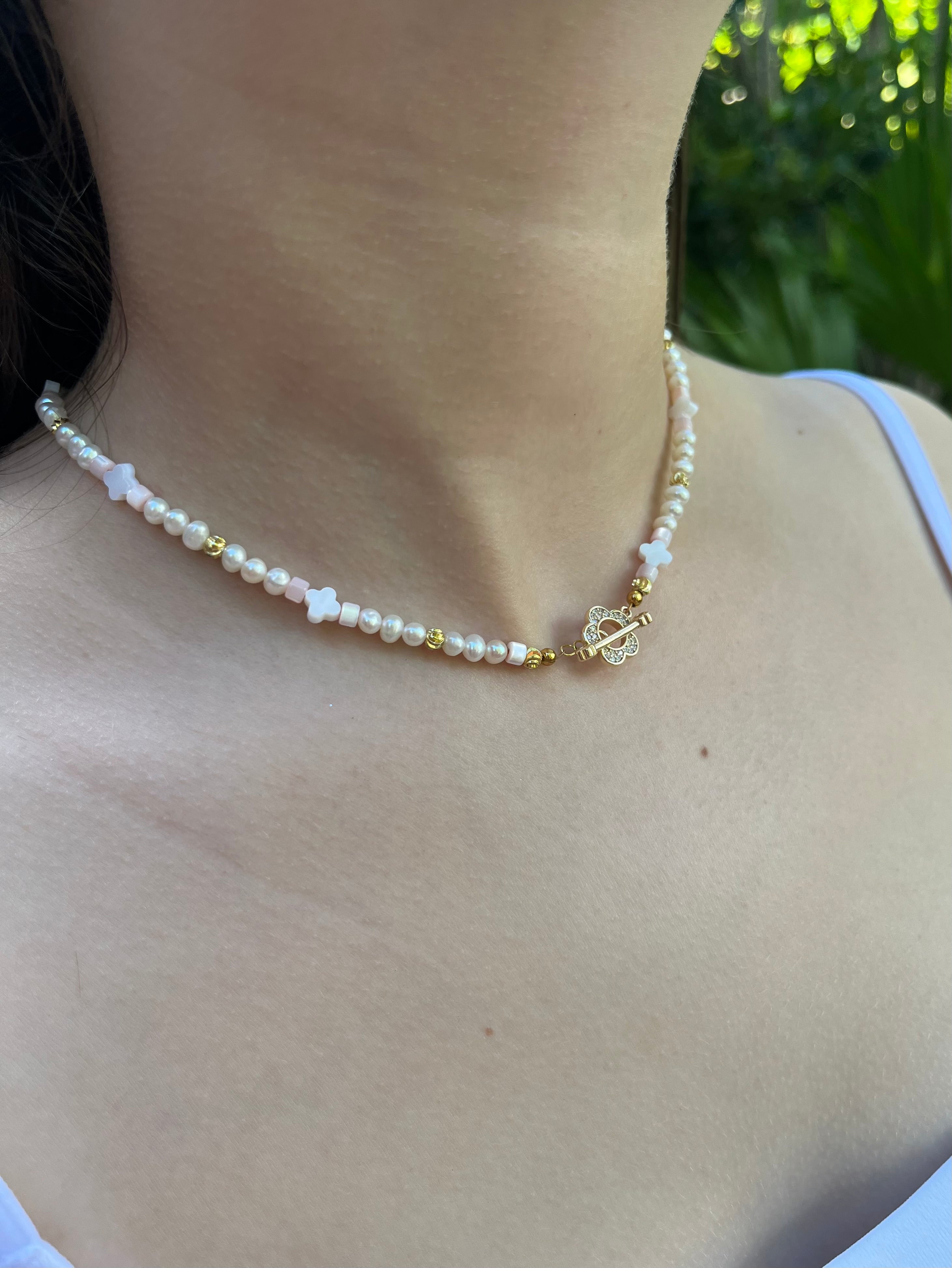 Freshwater Pearl & Shell Necklace with 18K Gold Plated Flower Toggle