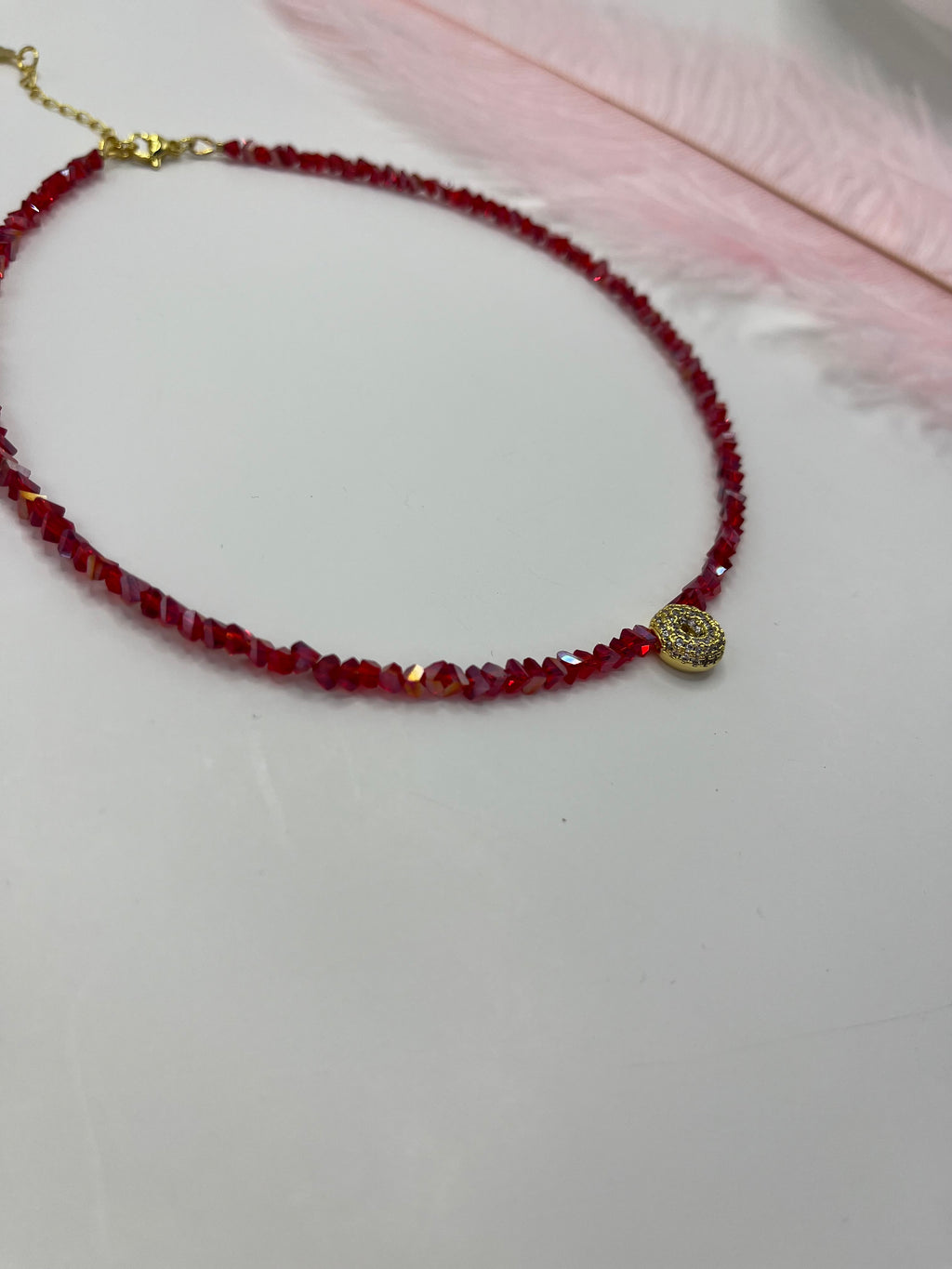 Initial Charm Red Crystal Necklace – 18K Gold Plated, Cubic Zirconia