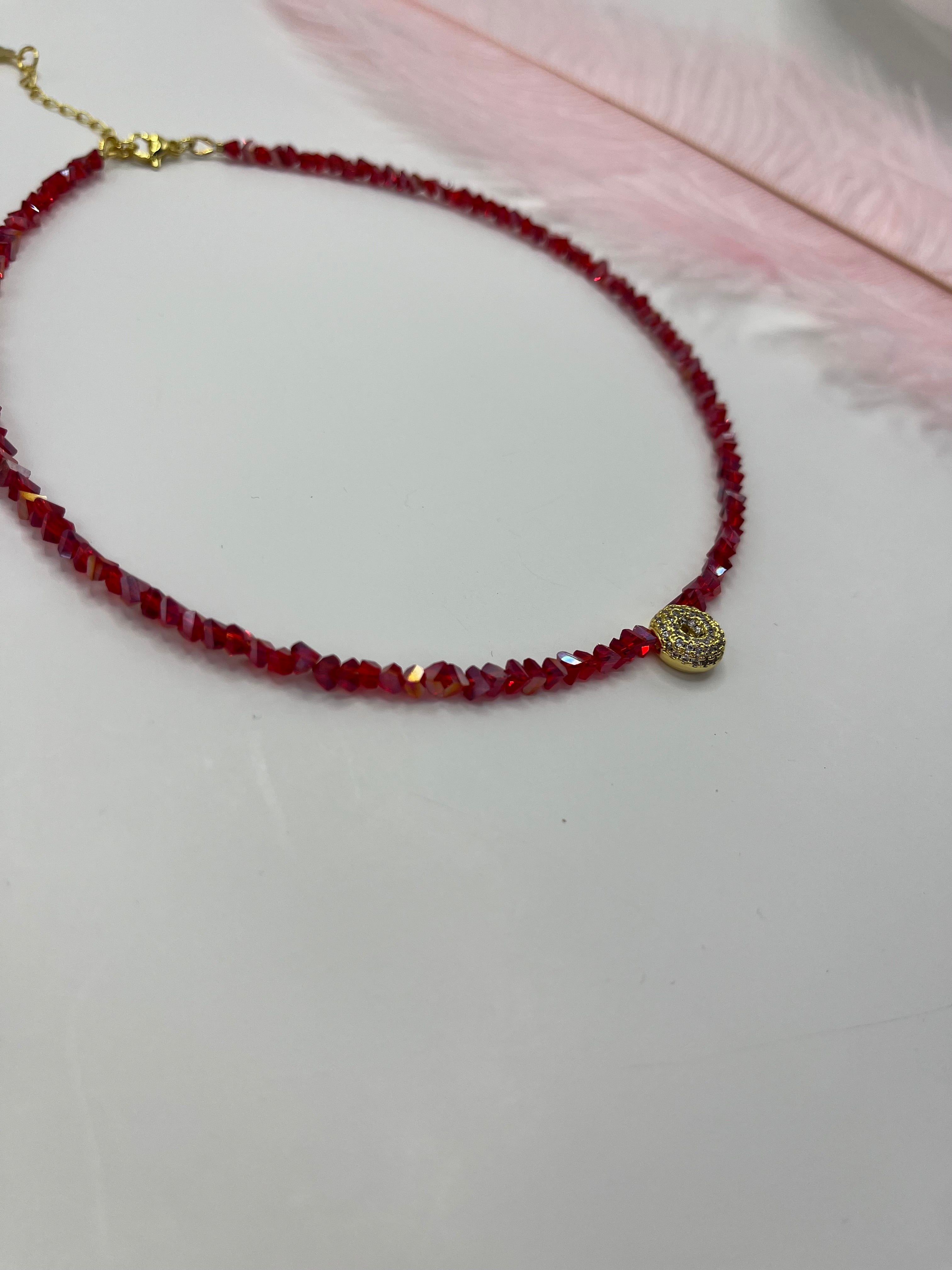 Initial Charm Red Crystal Necklace – 18K Gold Plated, Cubic Zirconia