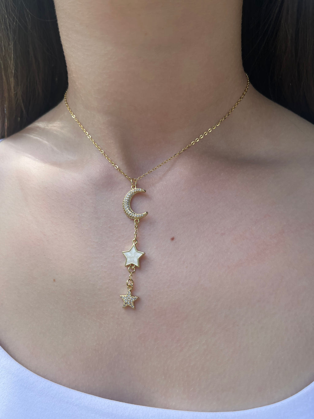 Zirconia Star and Moon Choker Necklace, Real 18K Gold Plated