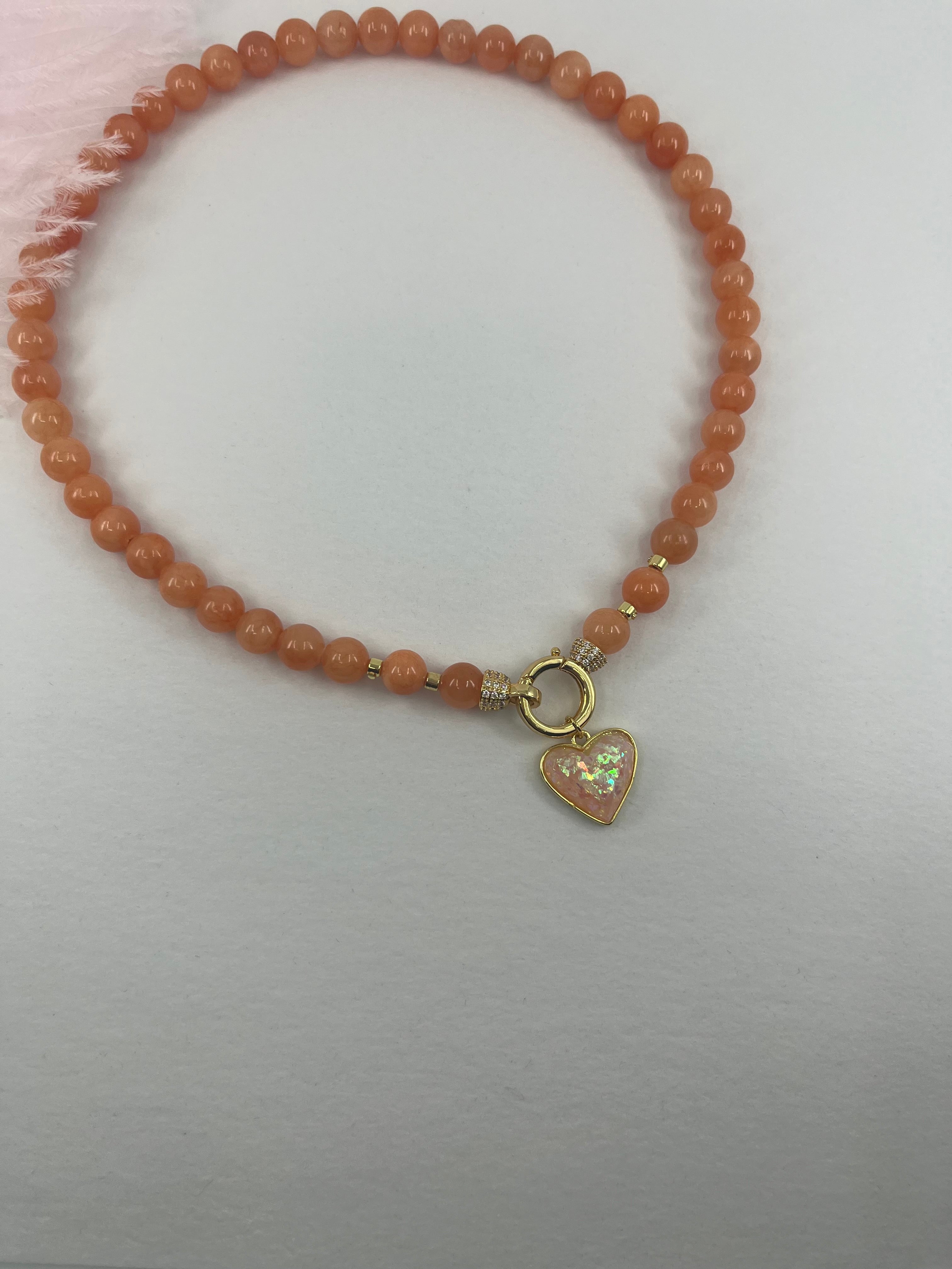 Natural Coral Jade Necklace with Heart Pendant
