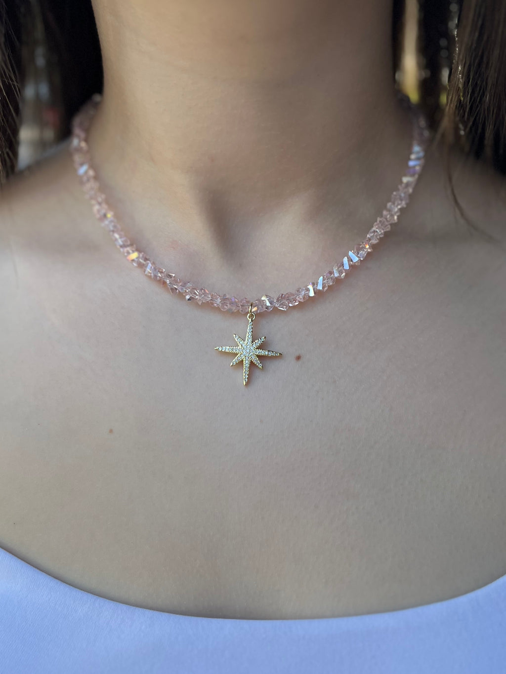 Crystal Glass Bead Choker: 18K Gold Star Pendant