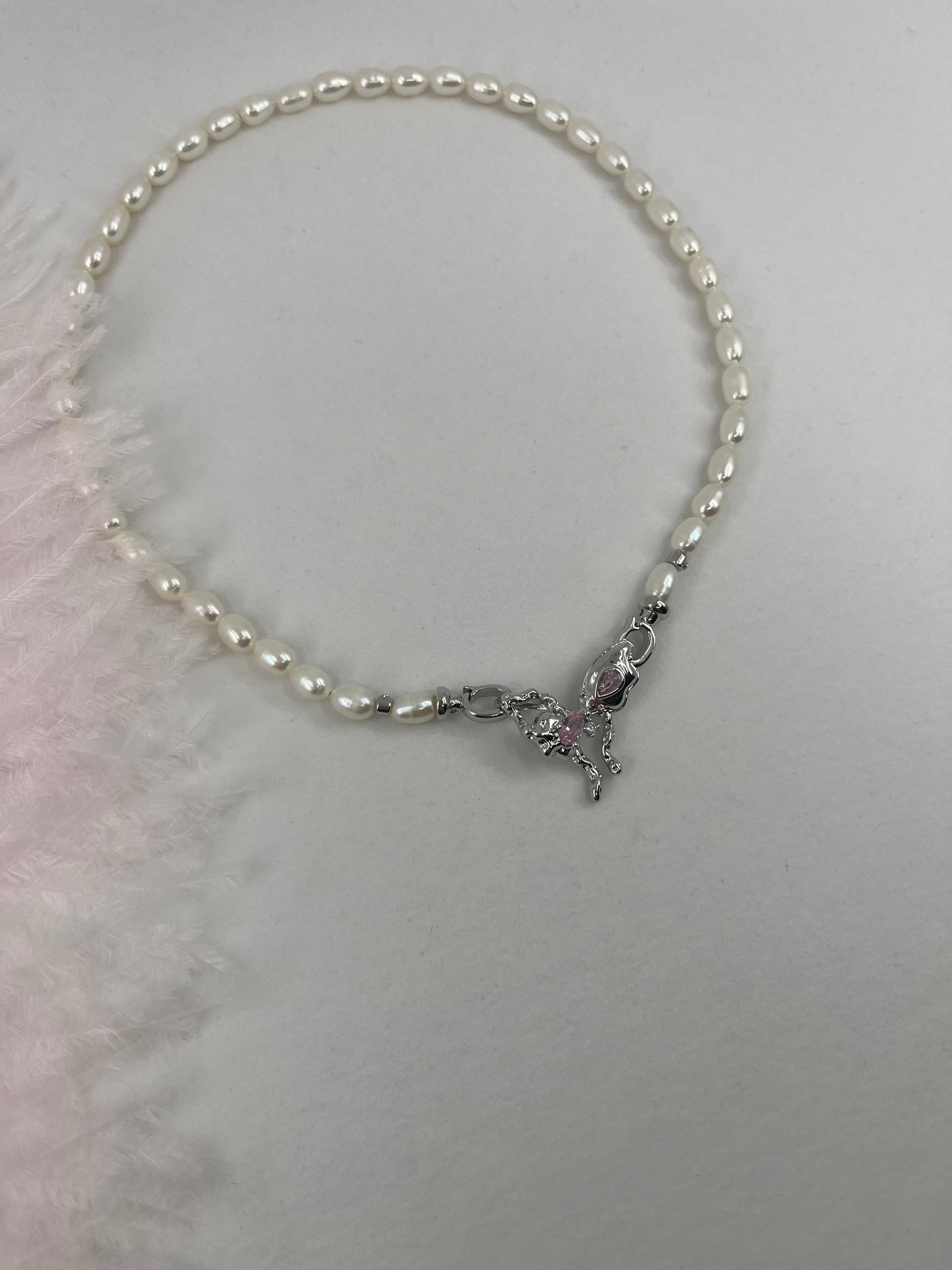 Natural Pearl Necklace with butterfly Clasp