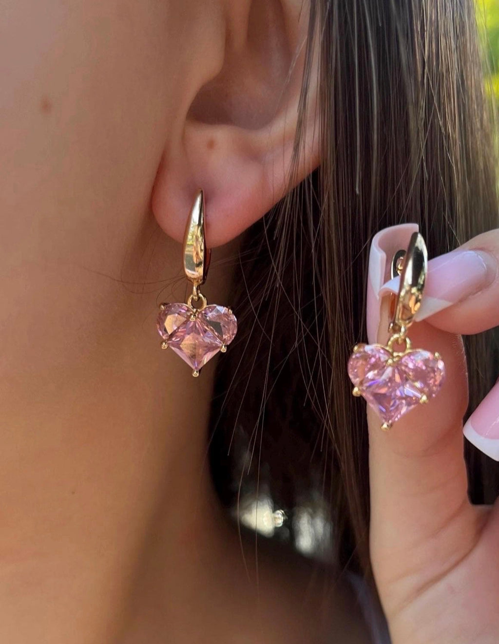 Set: Heart Pink Crystal Y-Necklace and Earrings – 18K Gold Plated, Cubic Zirconia