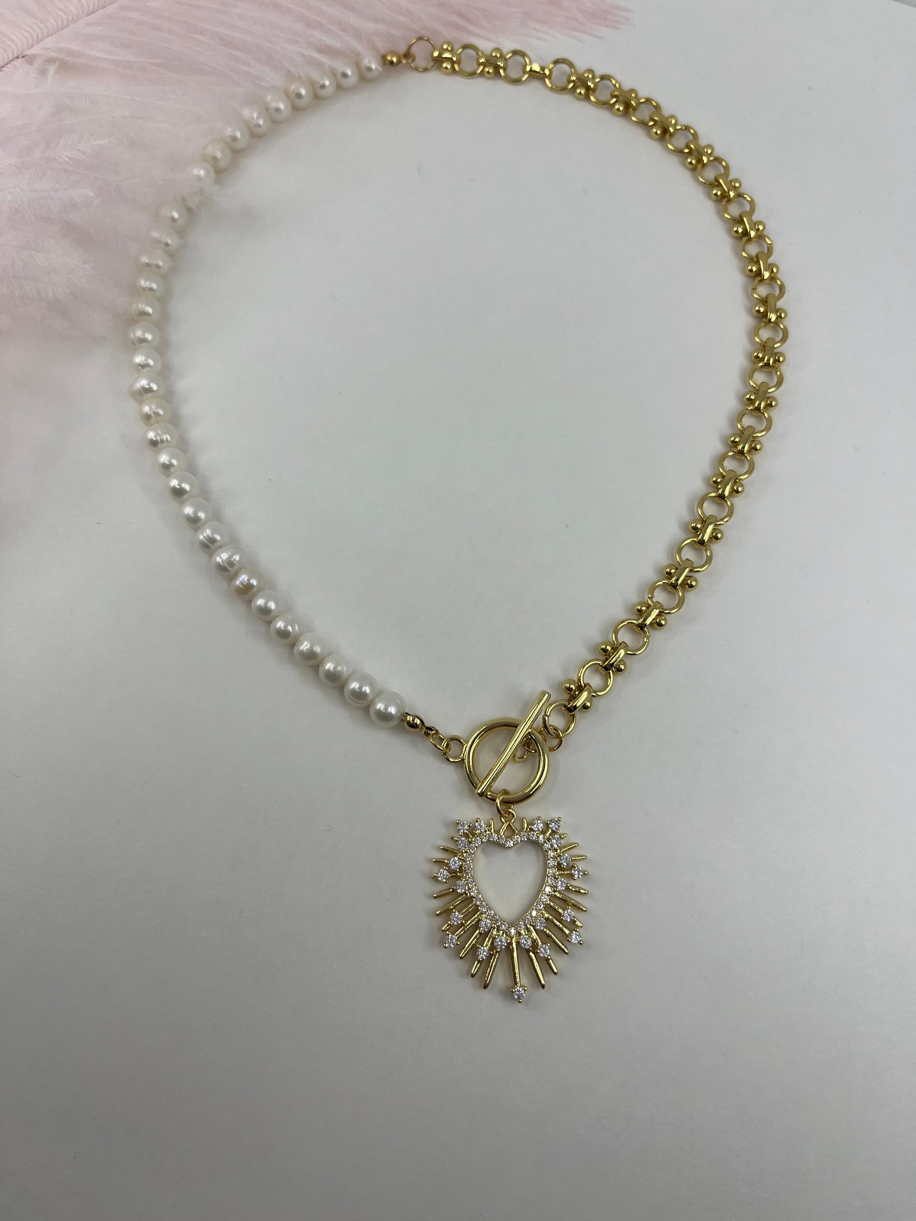 Asymmetrical Pearl Necklace with Heart Pendant, 18K Gold Plated Chain