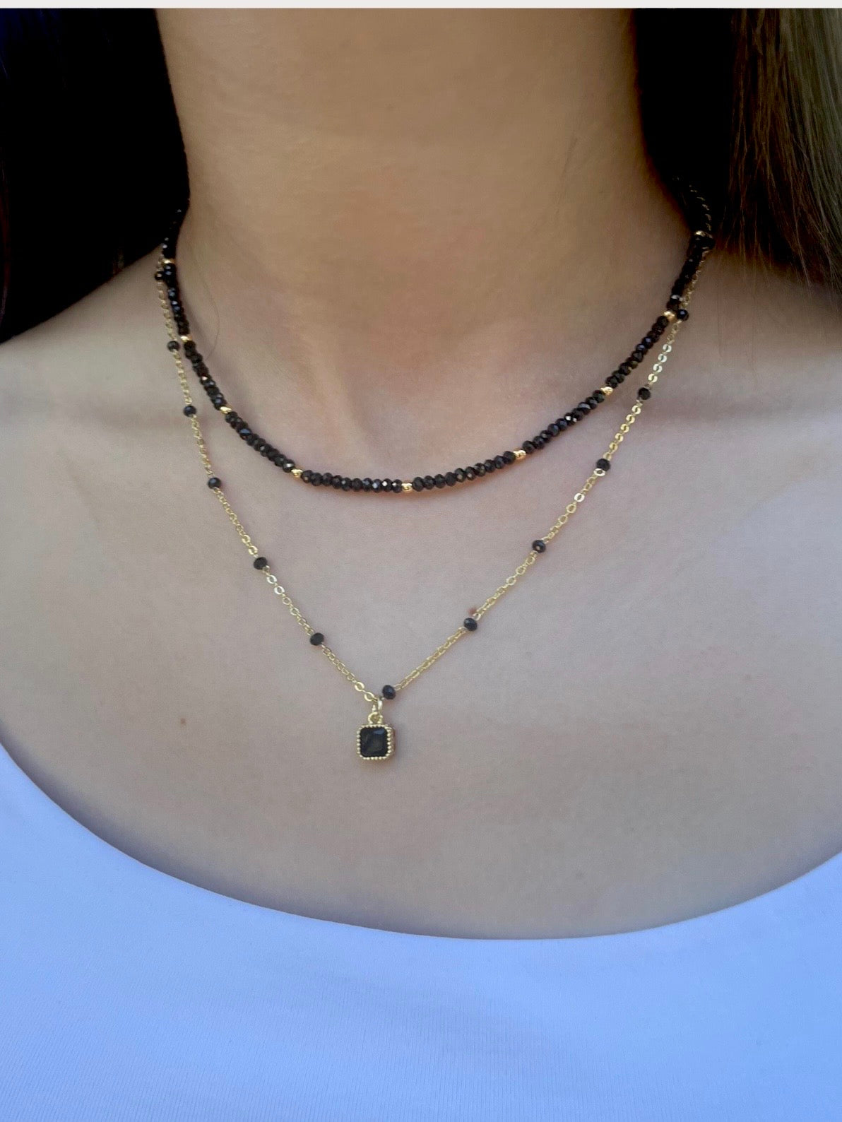 Layered Garnet/ Black spinel necklace , 18K gold clasp