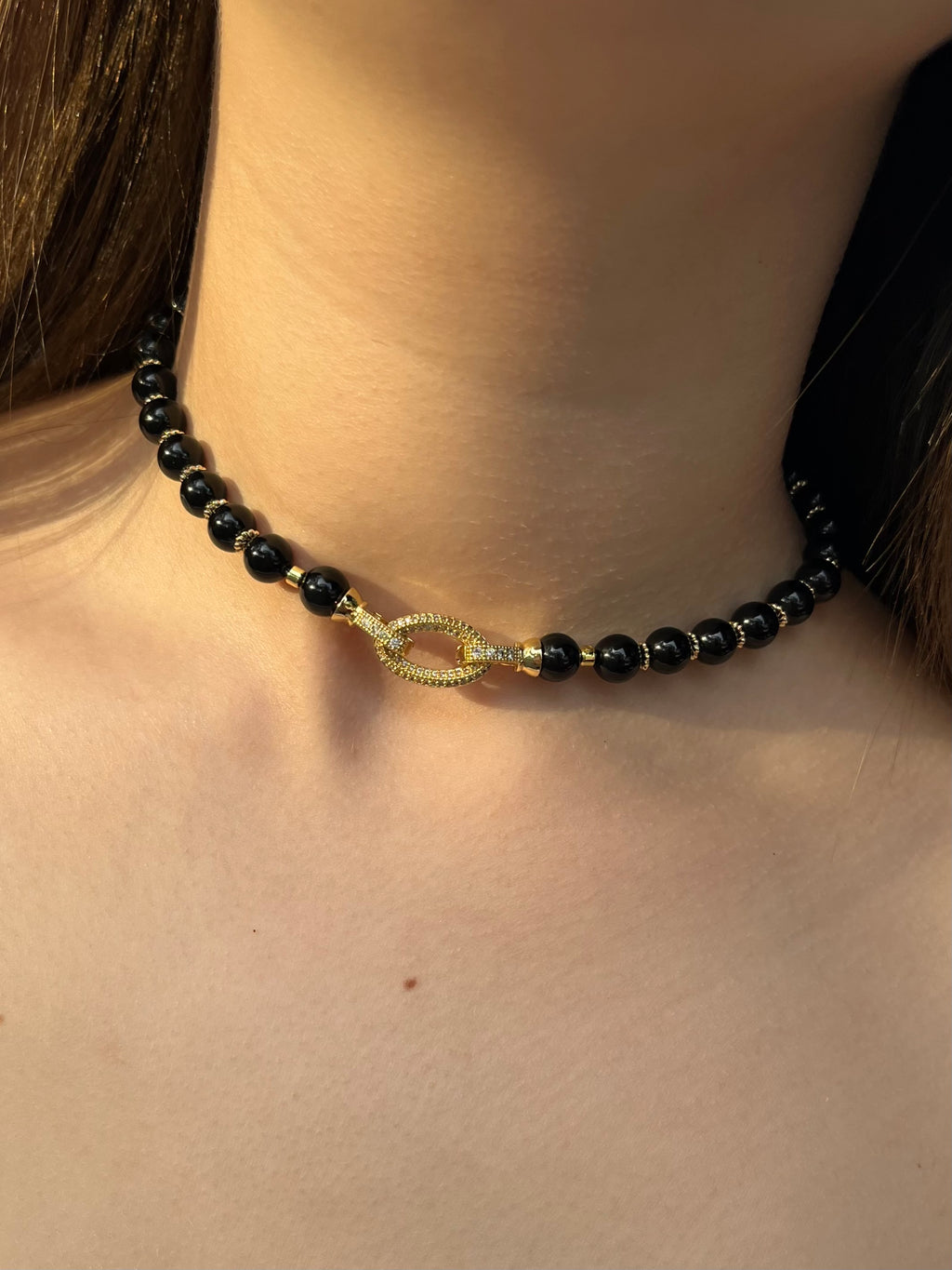 Black Onyx Choker – 18K Gold Plated Zirconia Clasp
