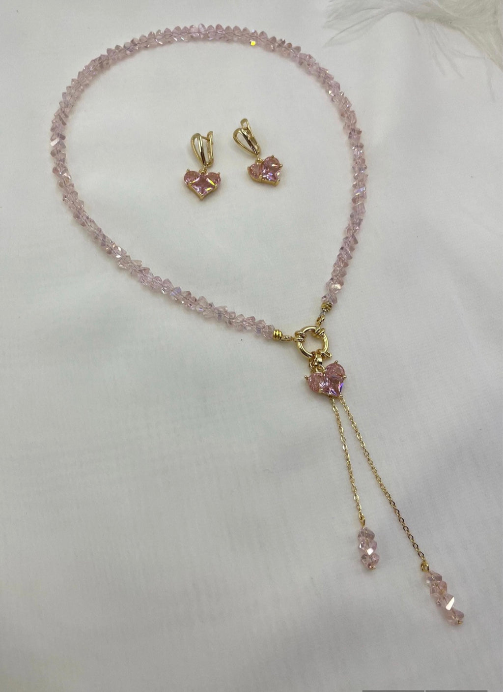 Set: Heart Pink Crystal Y-Necklace and Earrings – 18K Gold Plated, Cubic Zirconia
