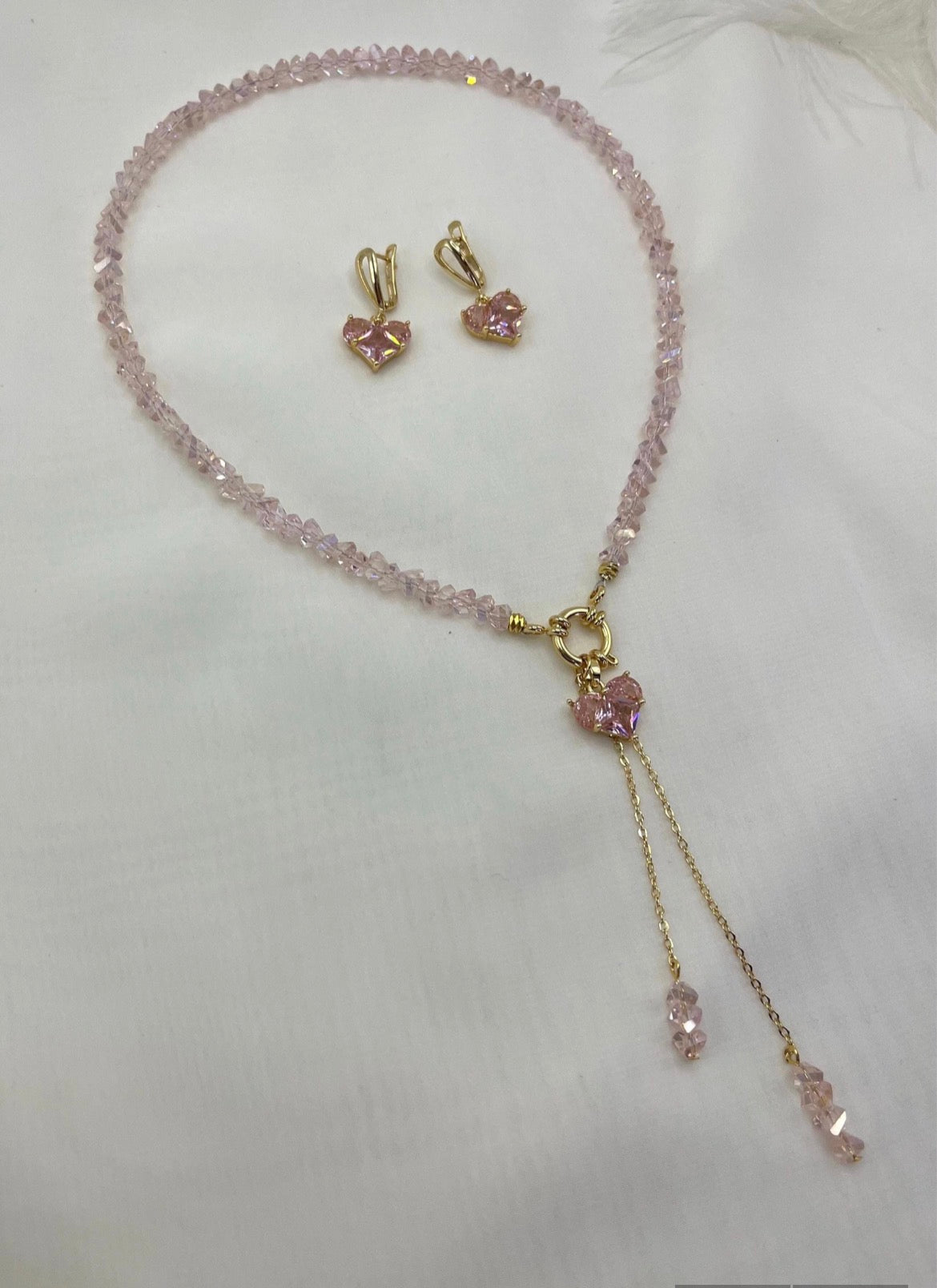 Set: Heart Pink Crystal Y-Necklace and Earrings – 18K Gold Plated, Cubic Zirconia