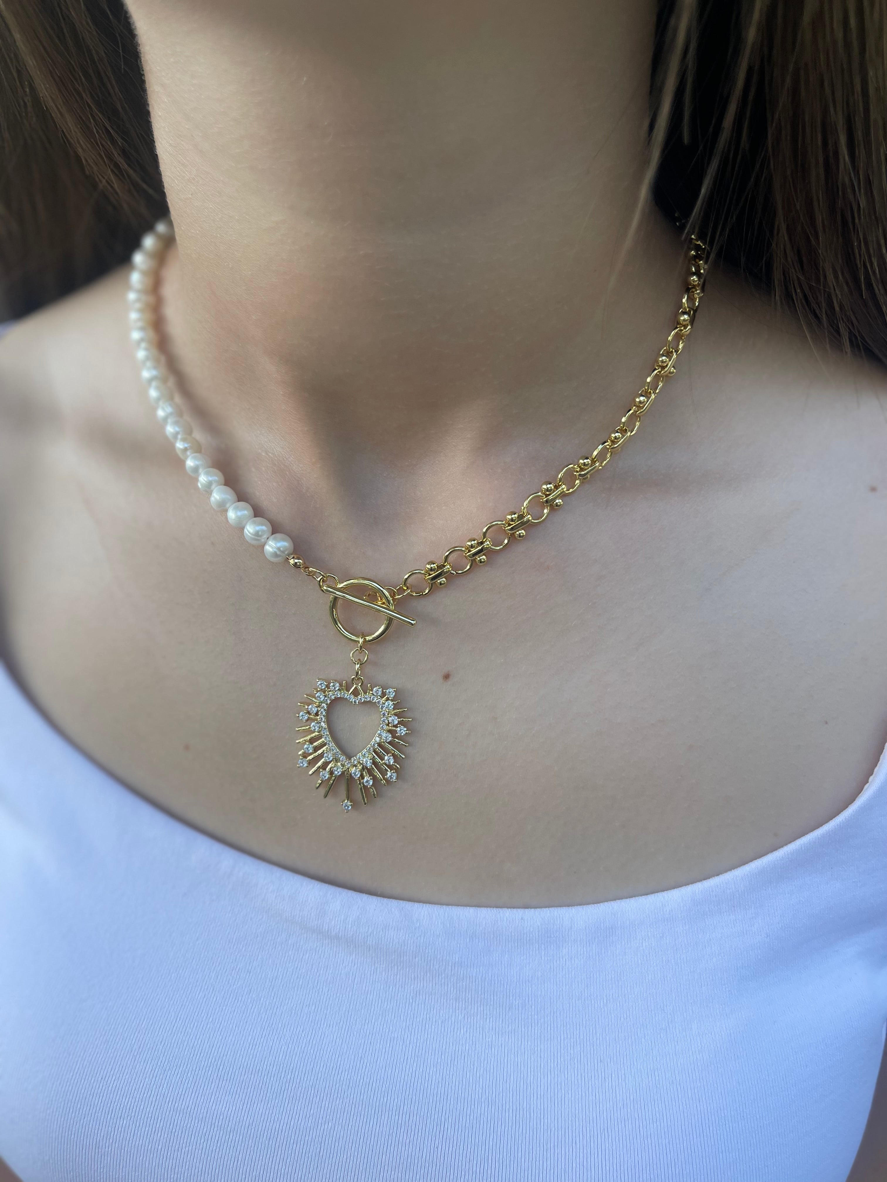 Asymmetrical Pearl Necklace with Heart Pendant, 18K Gold Plated Chain