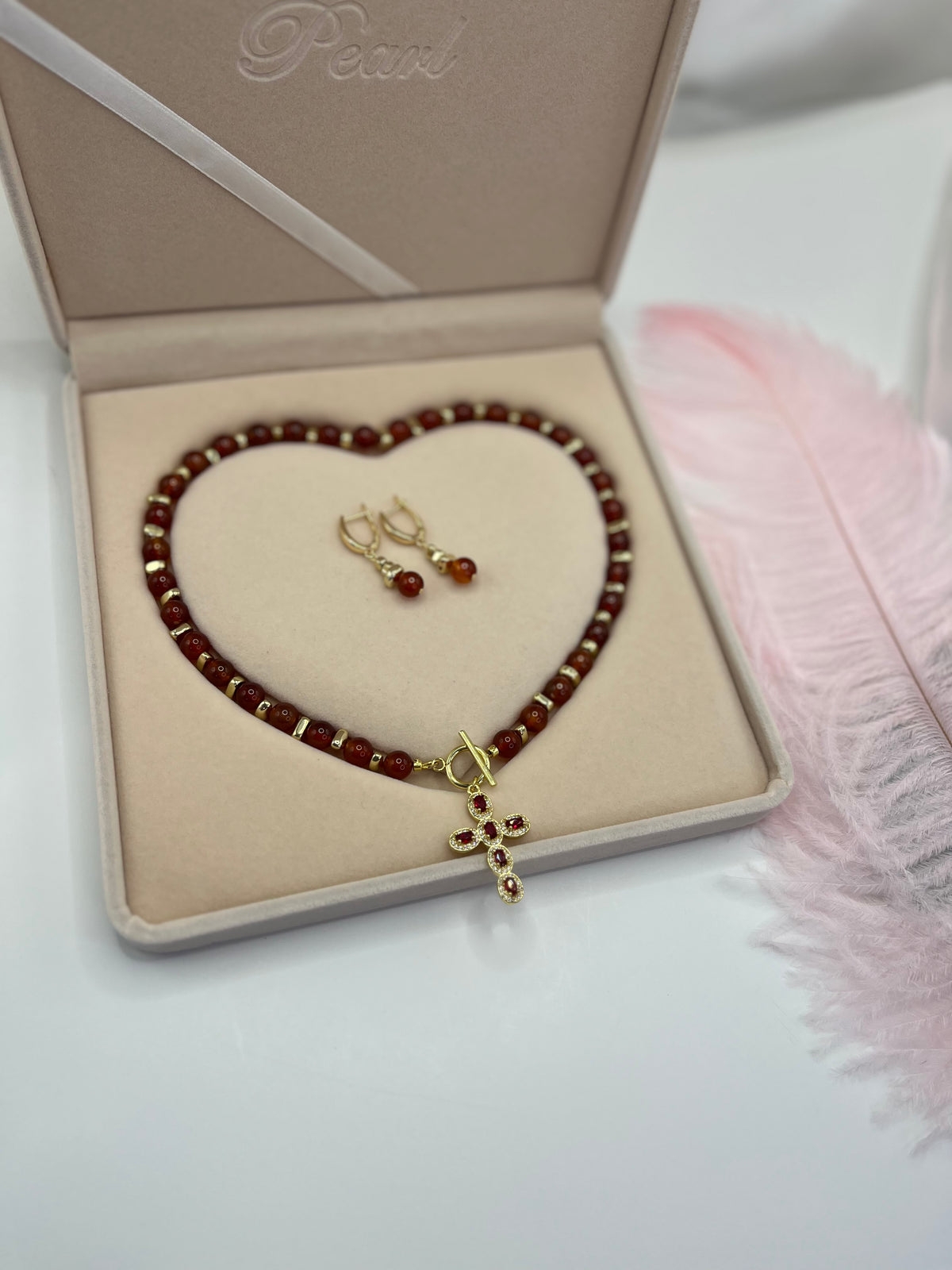 Set: Natural Carnelian Necklace with 18K Gold Cross and earrings