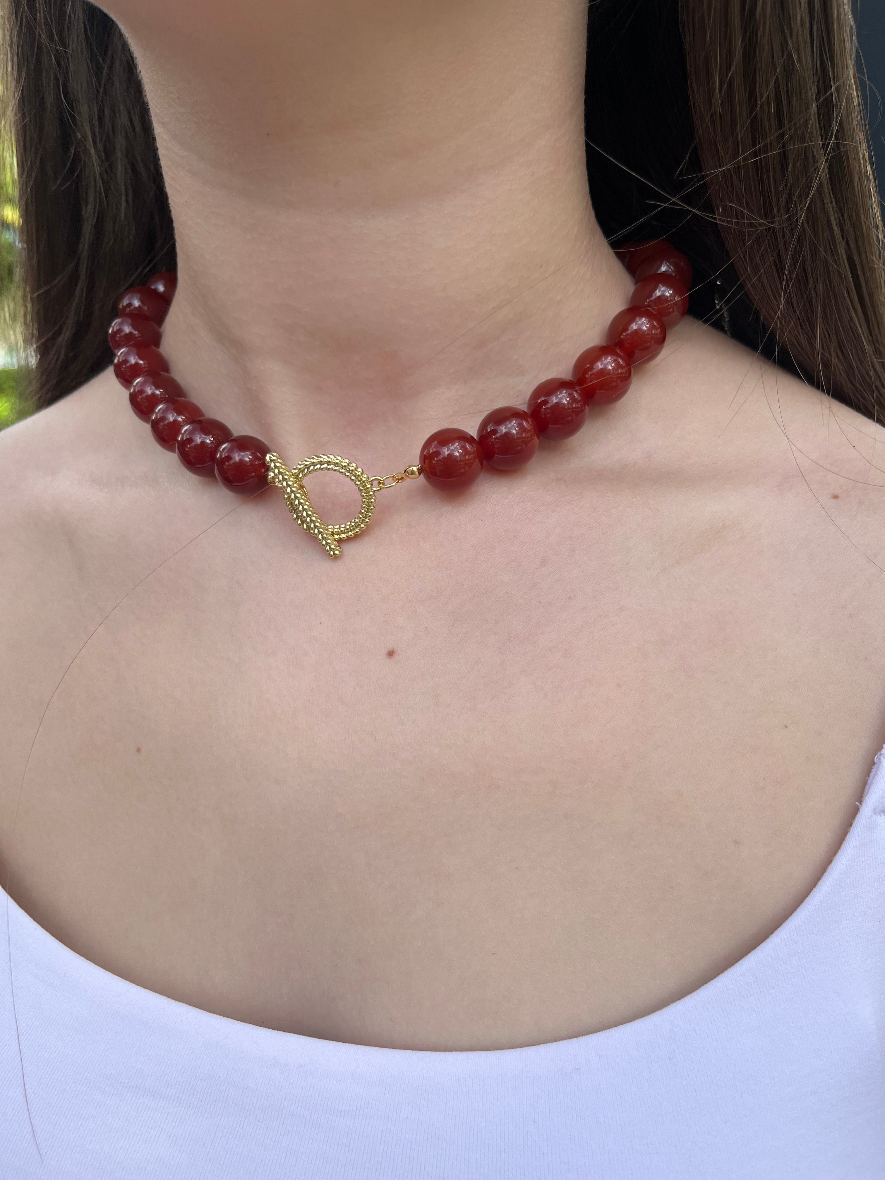 Natural Carnelian Necklace, 18K Gold Plated Clasp