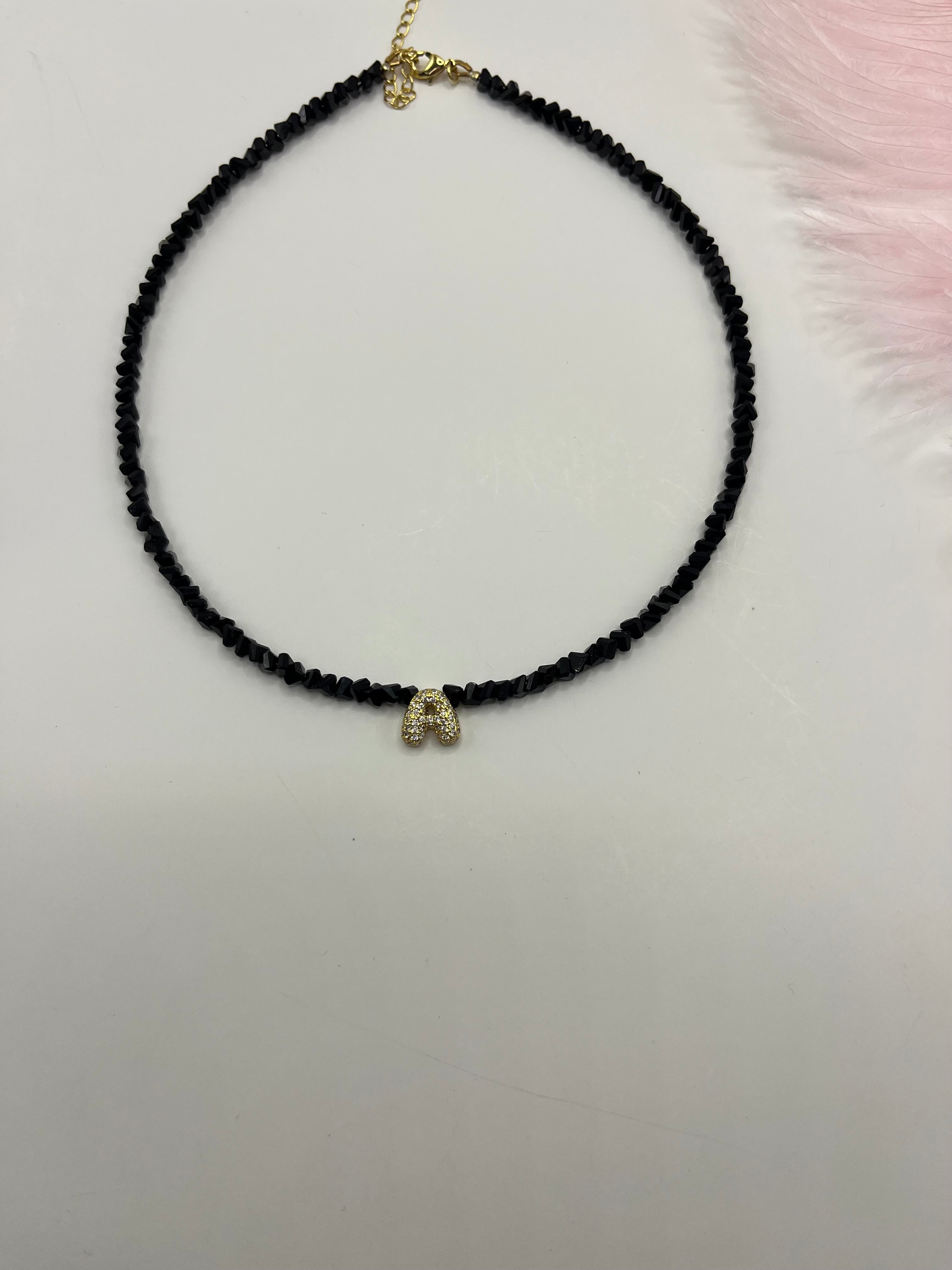 Initial Charm Black Crystal Necklace – 18K Gold Plated, Cubic Zirconia