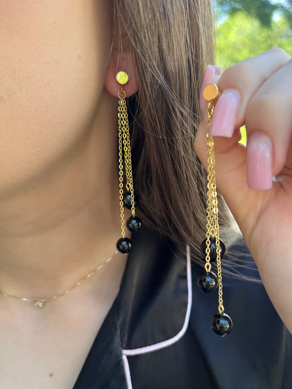 Set: Black Onyx Necklace and Earrings:18K Gold Plated