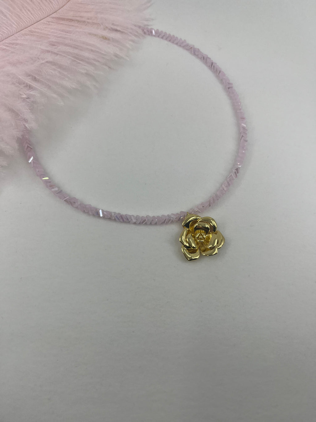 Crystal Pink Glass Bead Choker: 18K Gold Rose Pendant