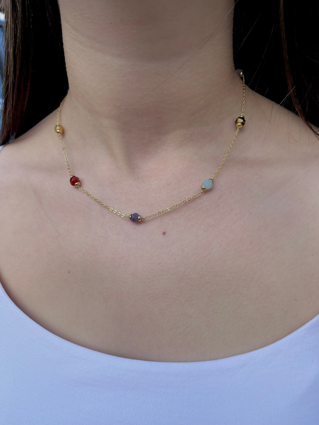 Chakra natural gemstone Necklace: tiger eye, quartz, amethyst, agate, amazonite, sodalite