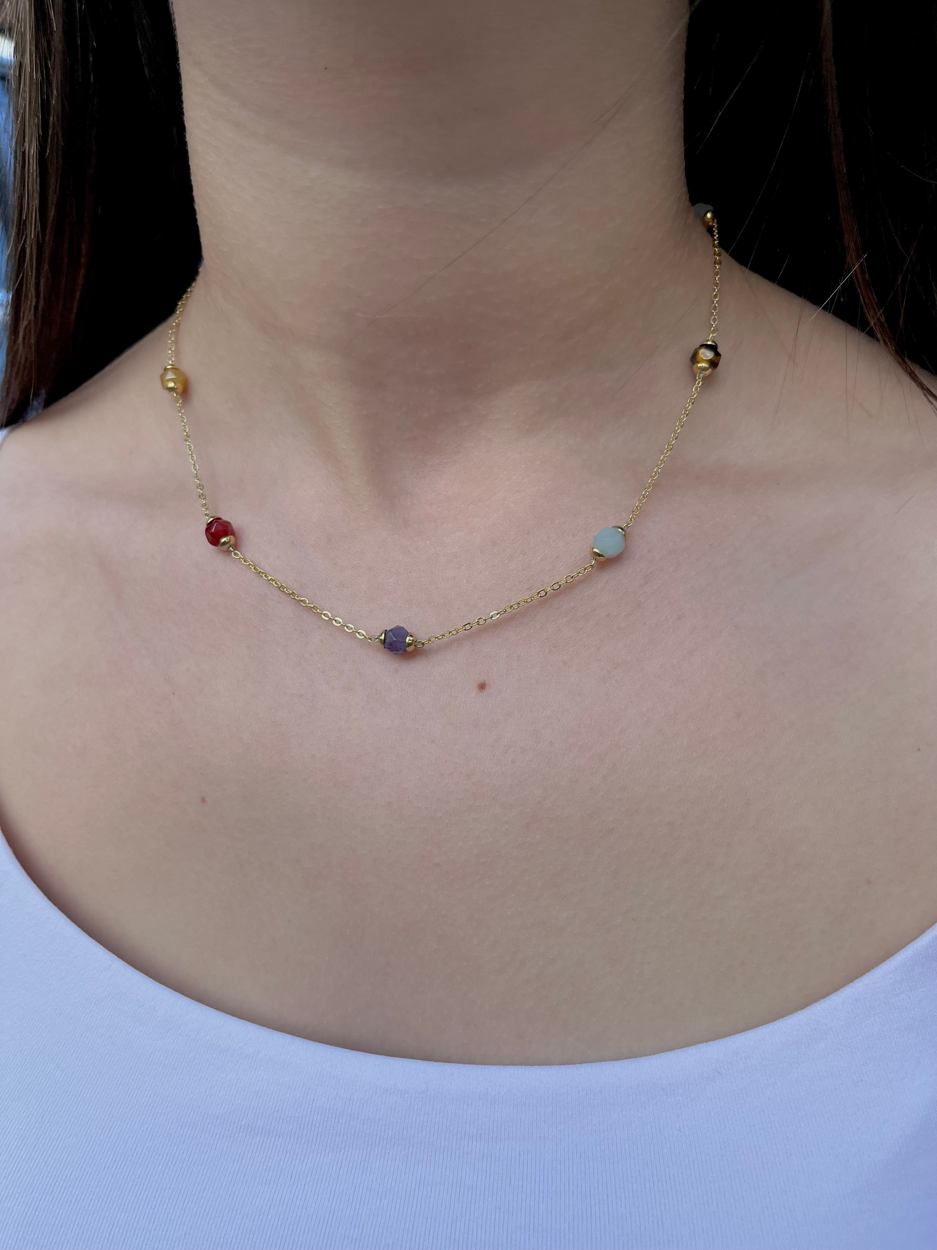 Chakra natural gemstone Necklace: tiger eye, quartz, amethyst, agate, amazonite, sodalite