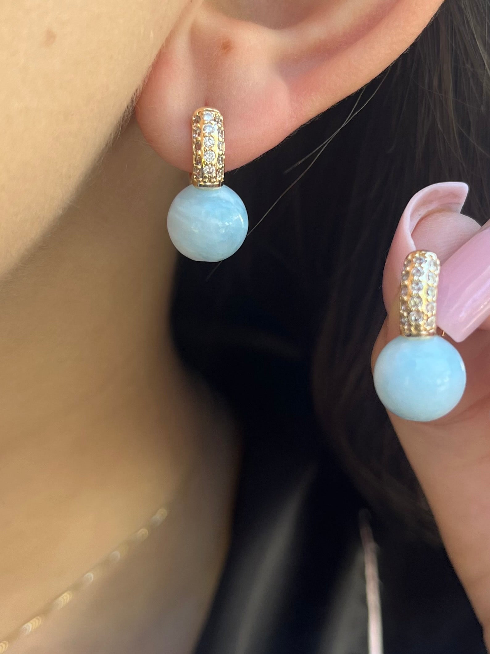 Natural light blue Jade Gold Zirconia Earrings