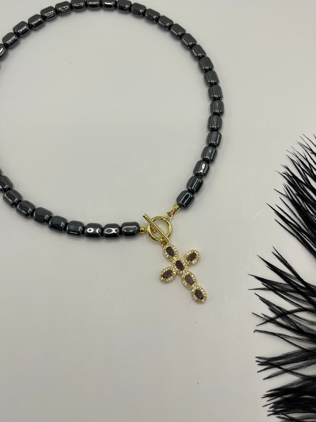 Hematite Choker Necklace with Cross pendant: 18K Gold Plated