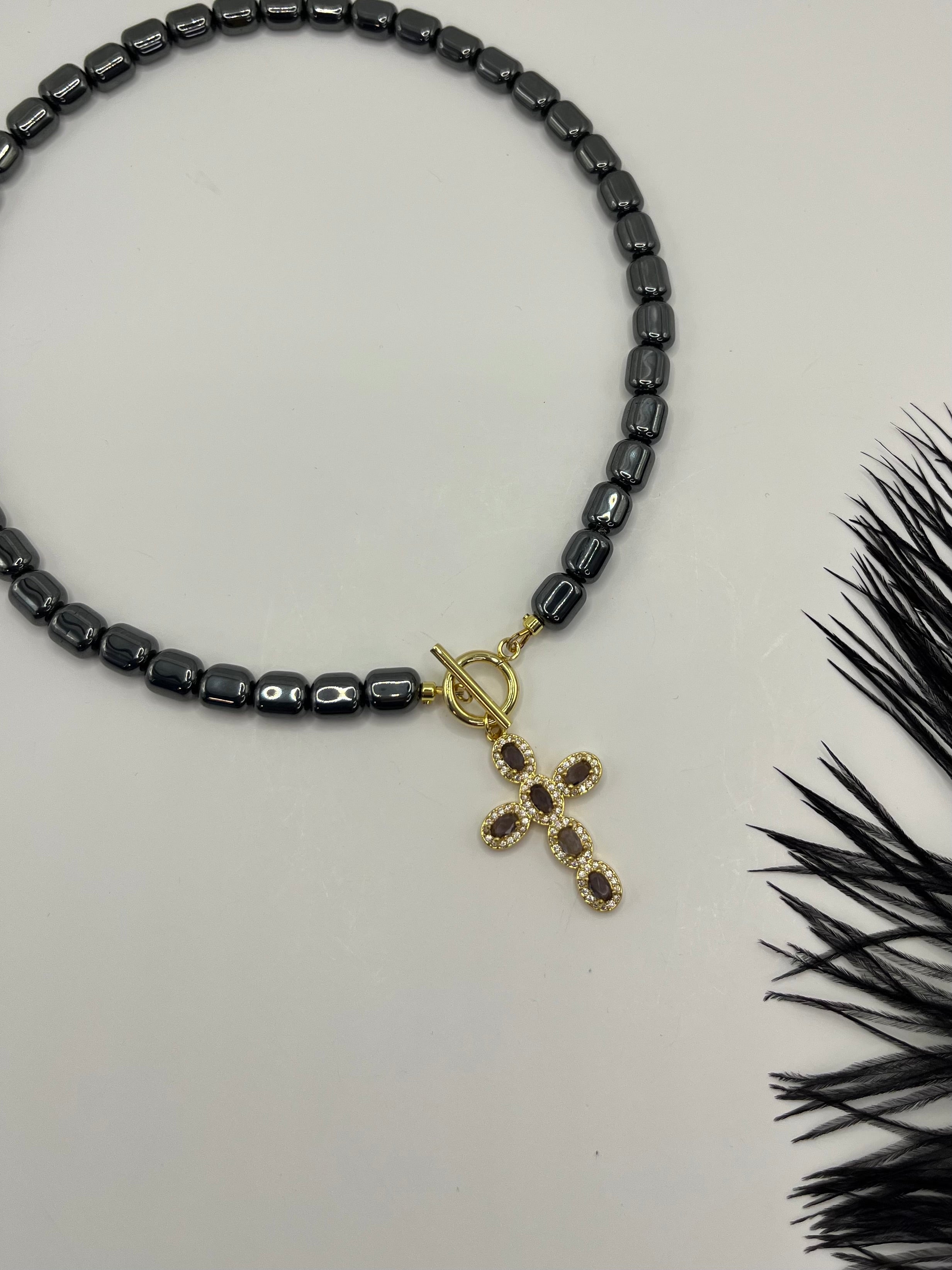 Hematite Choker Necklace with Cross pendant: 18K Gold Plated