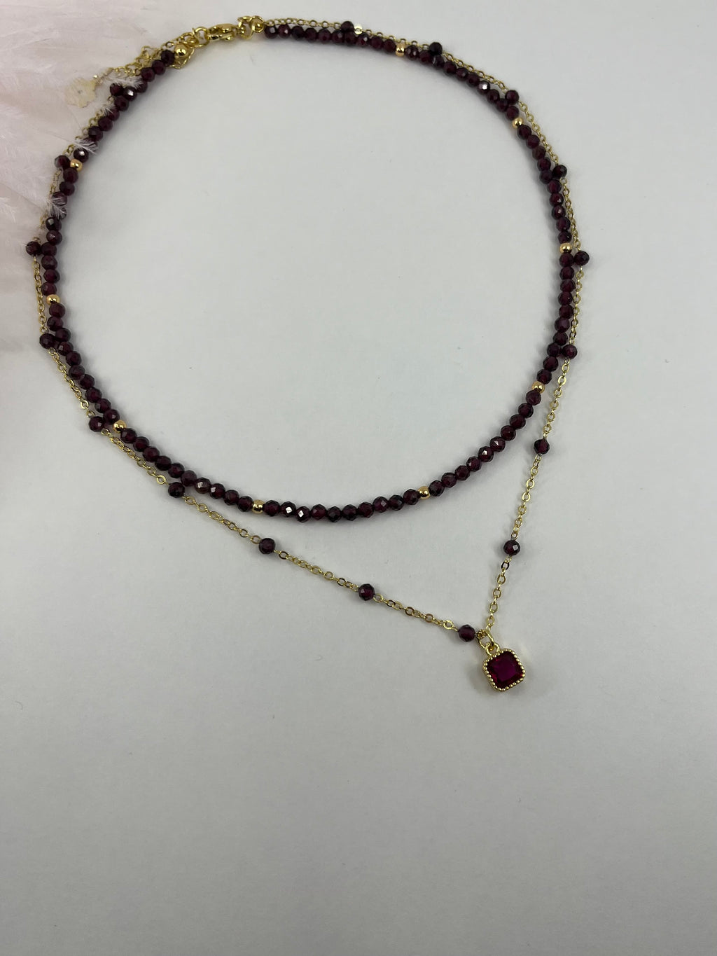 Layered Garnet necklace , 18K gold clasp