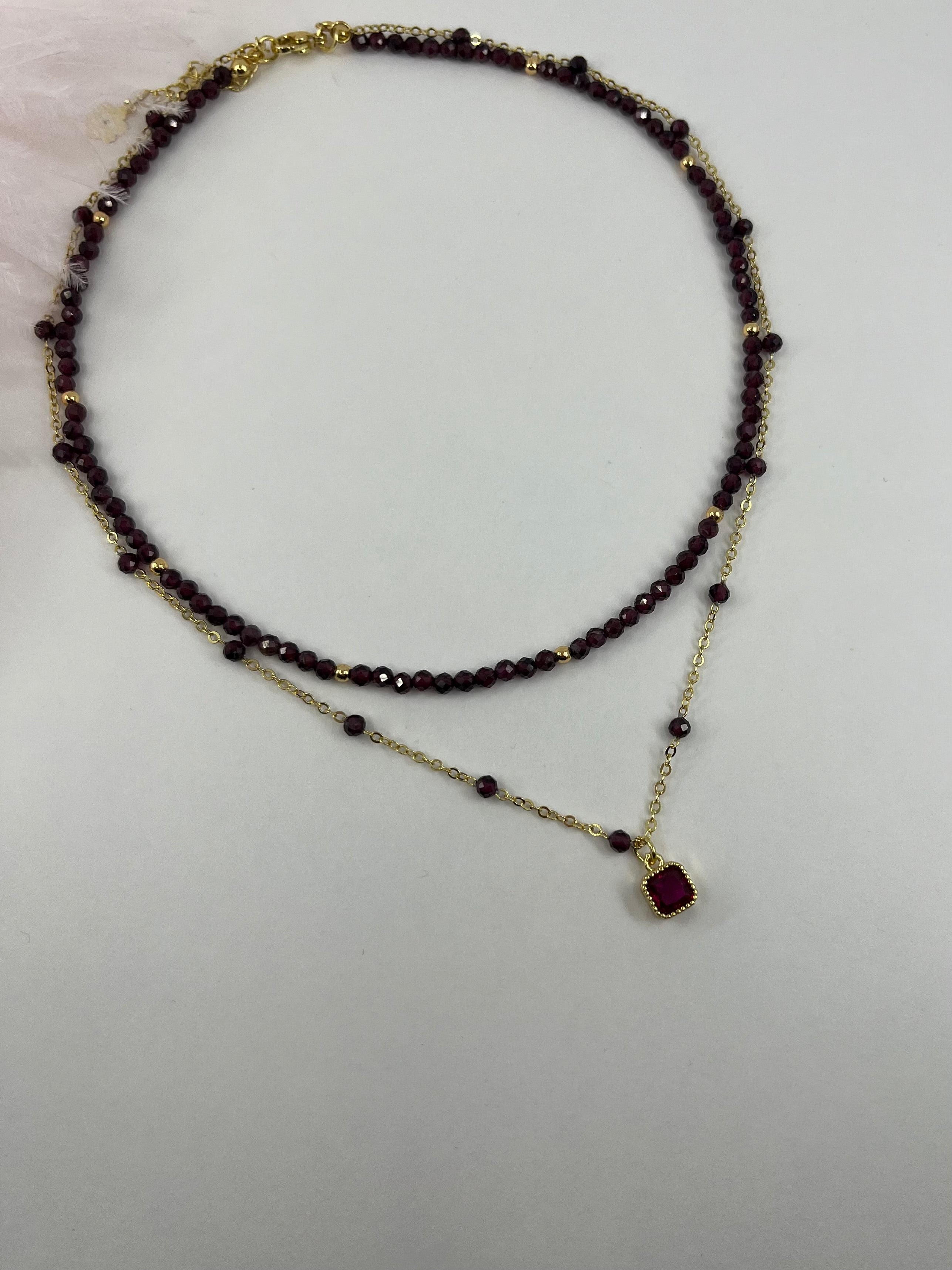 Layered Garnet necklace , 18K gold clasp