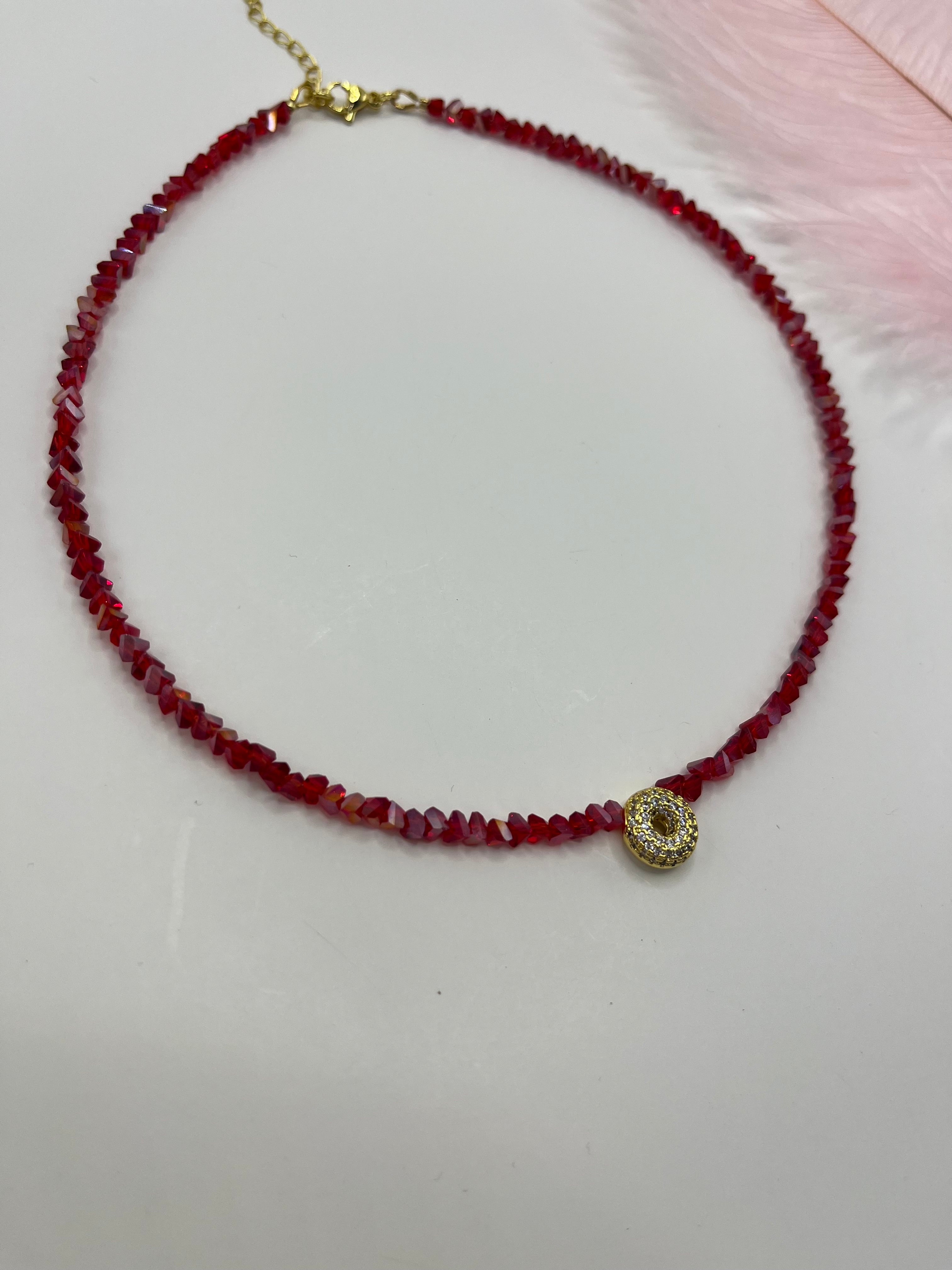 Initial Charm Red Crystal Necklace – 18K Gold Plated, Cubic Zirconia