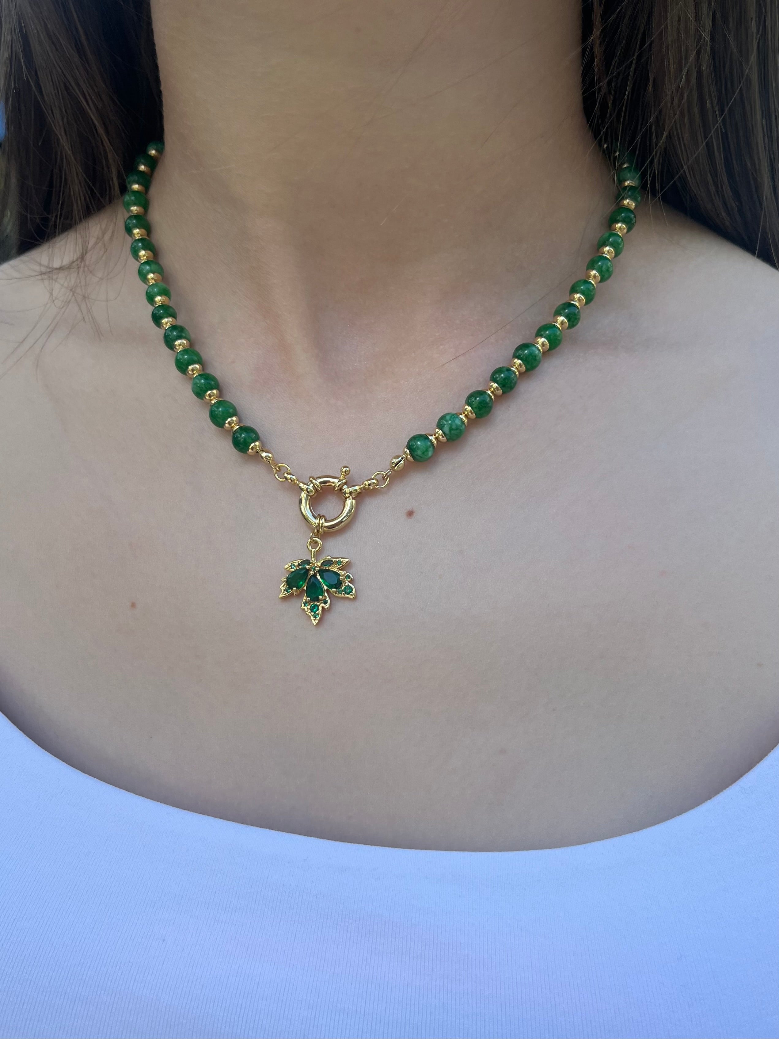 Natural Malaysia Jade Necklace with 18K Gold maple leaf pendant