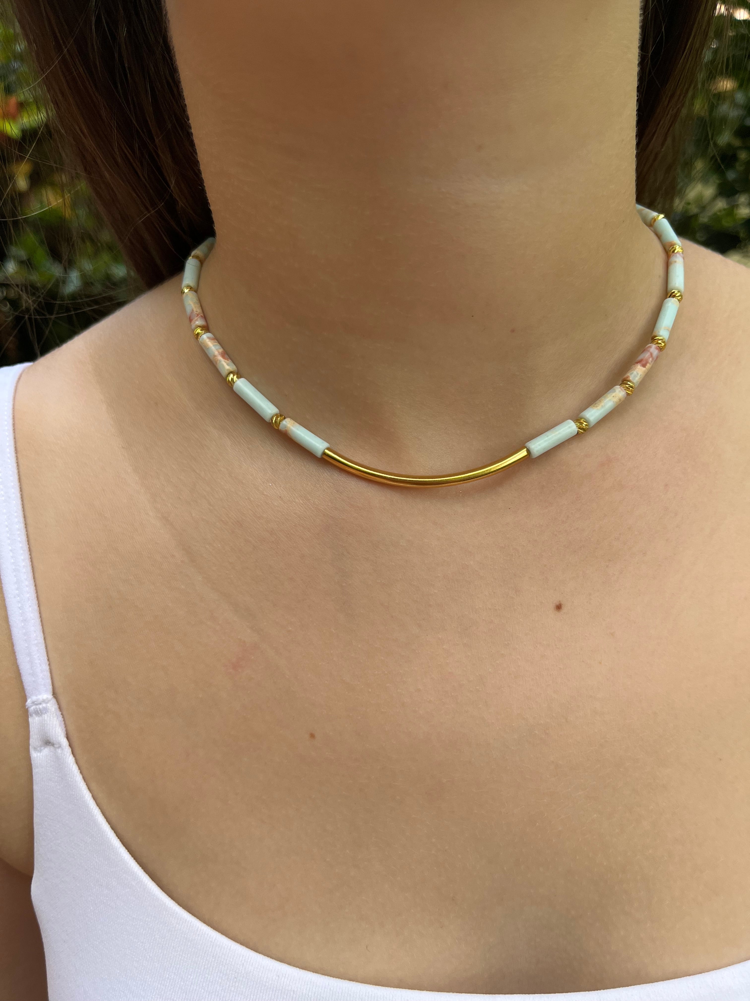 Imperial Jasper Choker: Light Blue, Turquoise, Purple - 14K Gold Plated