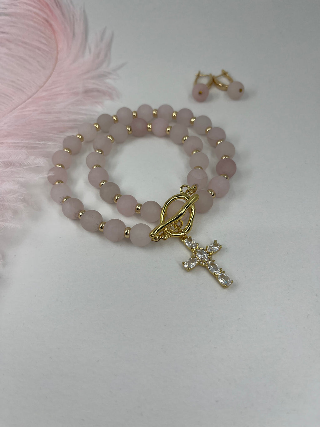 Set: Rose Quartz Cross Necklace and Earrings, 18k gold plated
