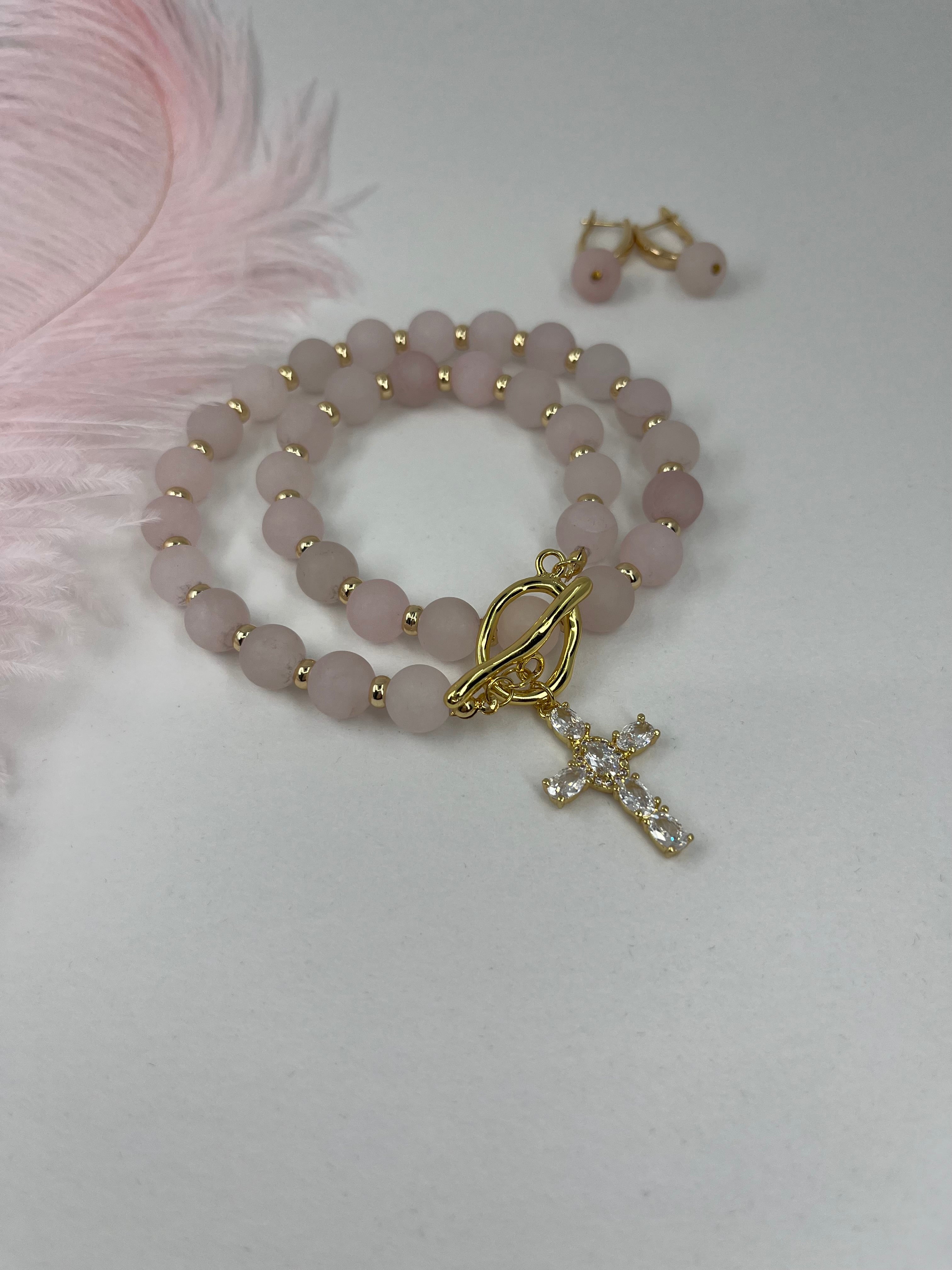 Set: Rose Quartz Cross Necklace and Earrings, 18k gold plated