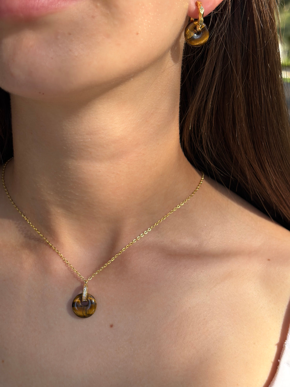 Tiger eye donut Earrings and Necklace,18K Gold Plated