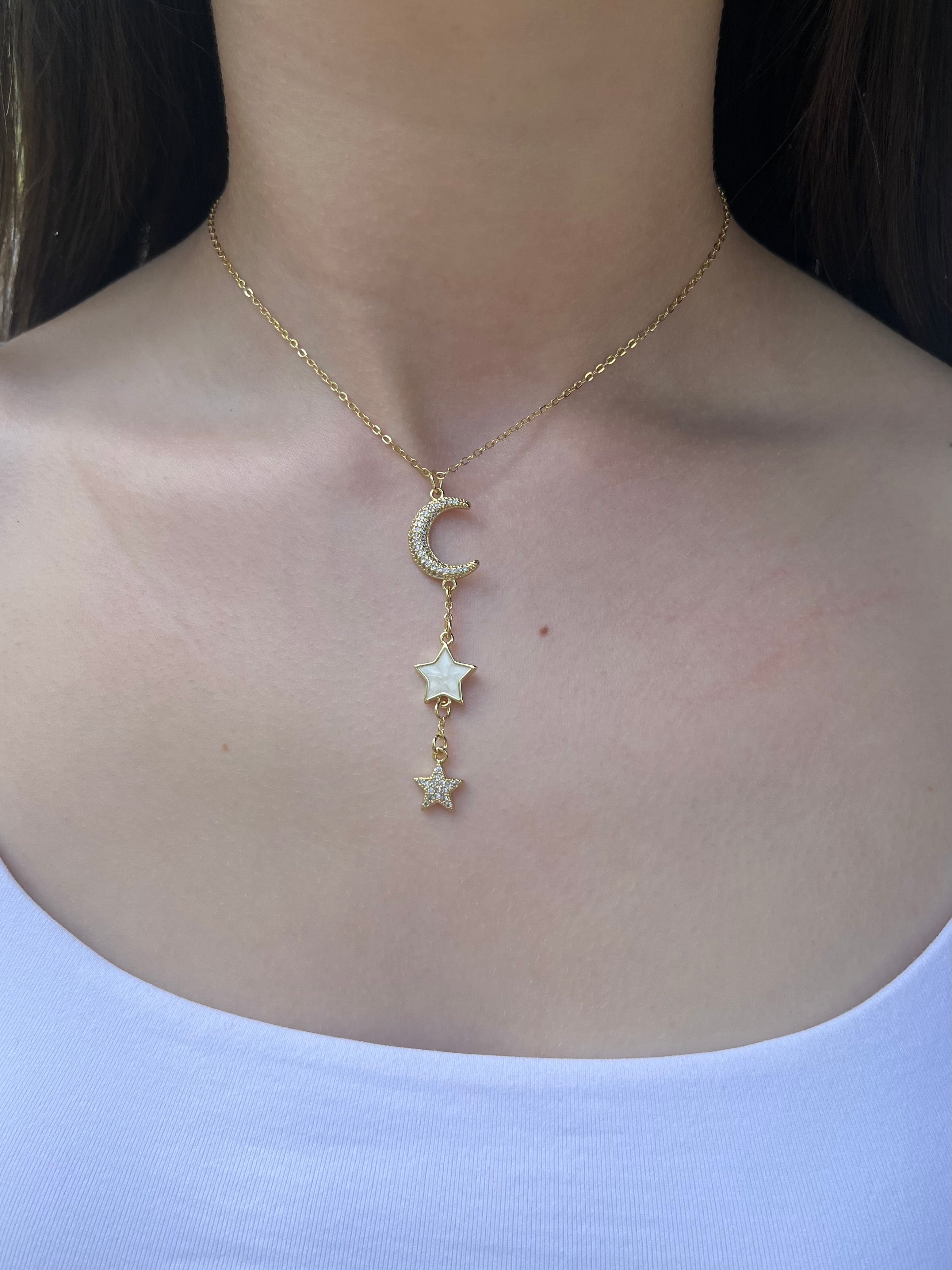 Zirconia Star and Moon Choker Necklace, Real 18K Gold Plated