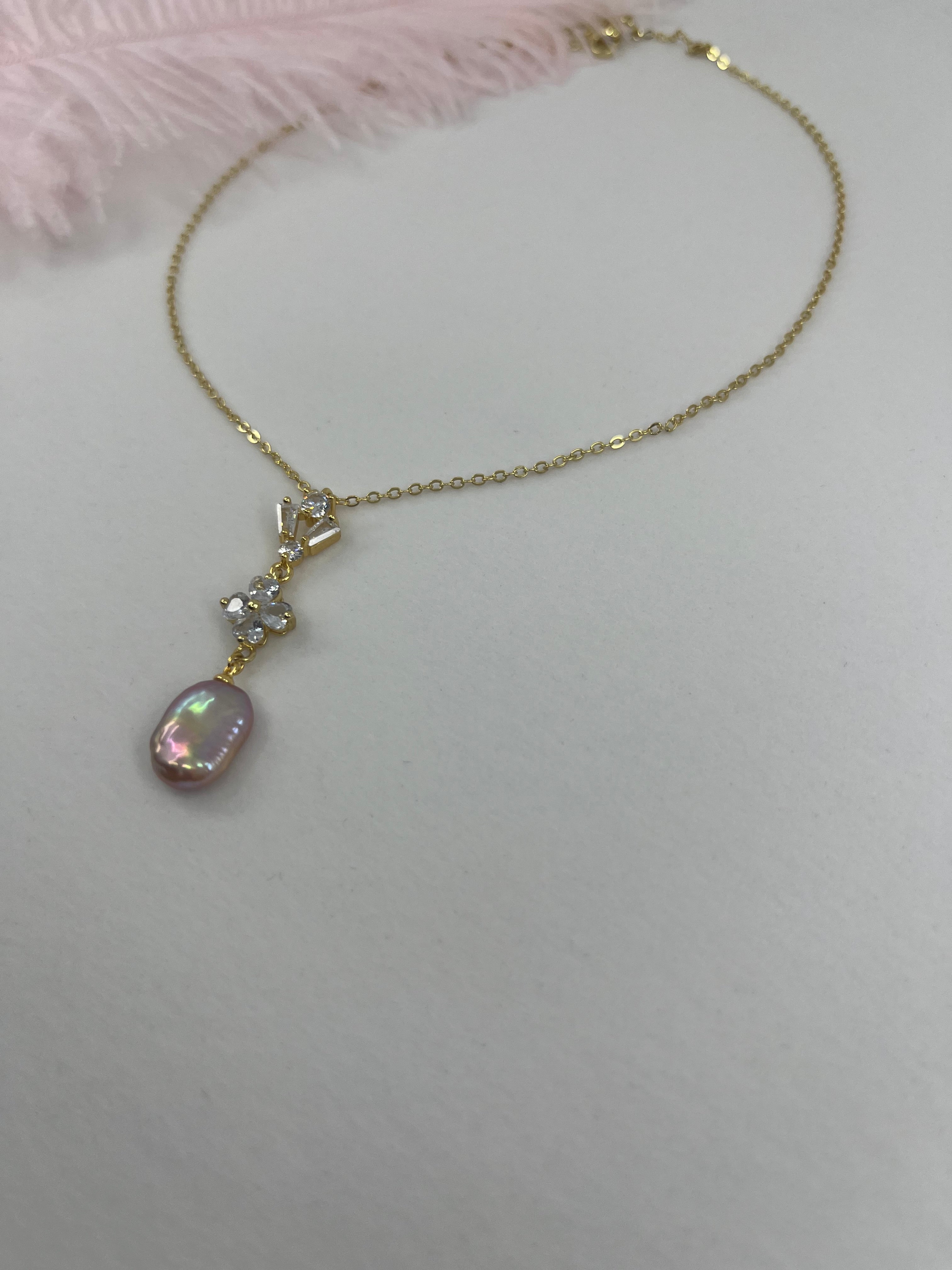 Baroque Pearl and zirconia Y-Necklace, 18k gold plated