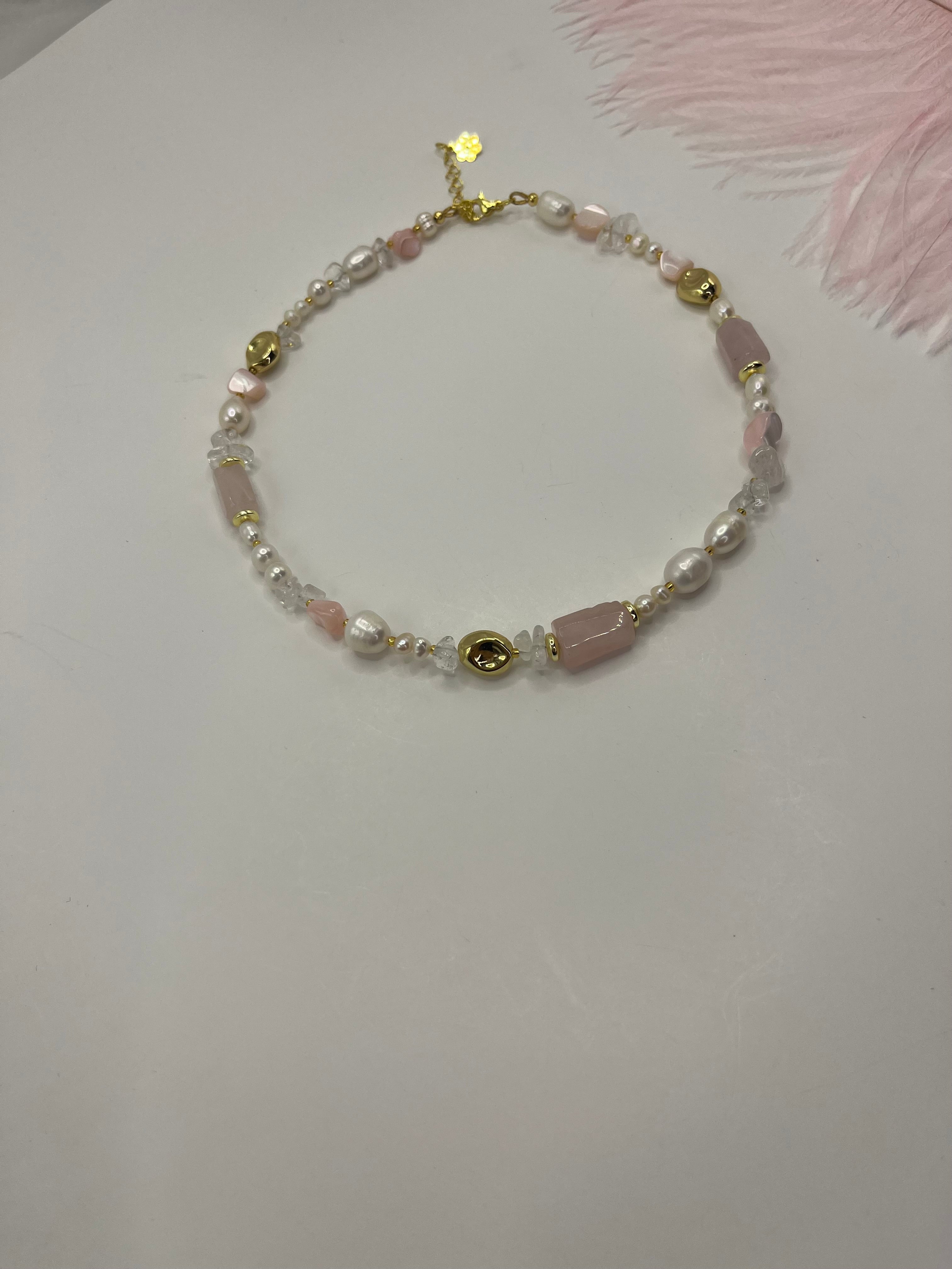 Set: Pearl and Rose Quartz Necklace and Earrings