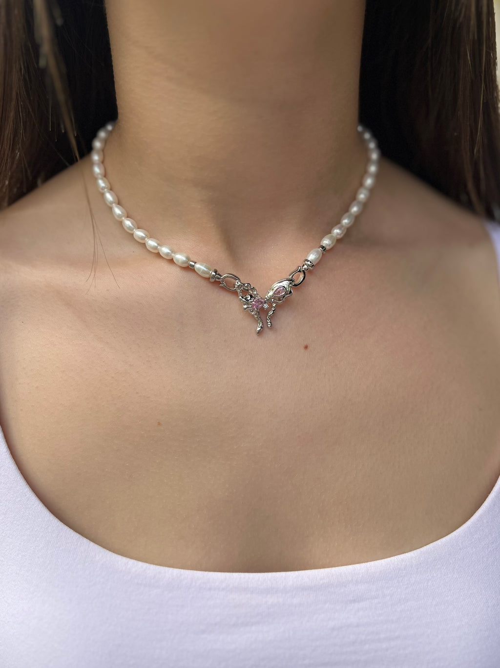 Natural Pearl Necklace with butterfly Clasp
