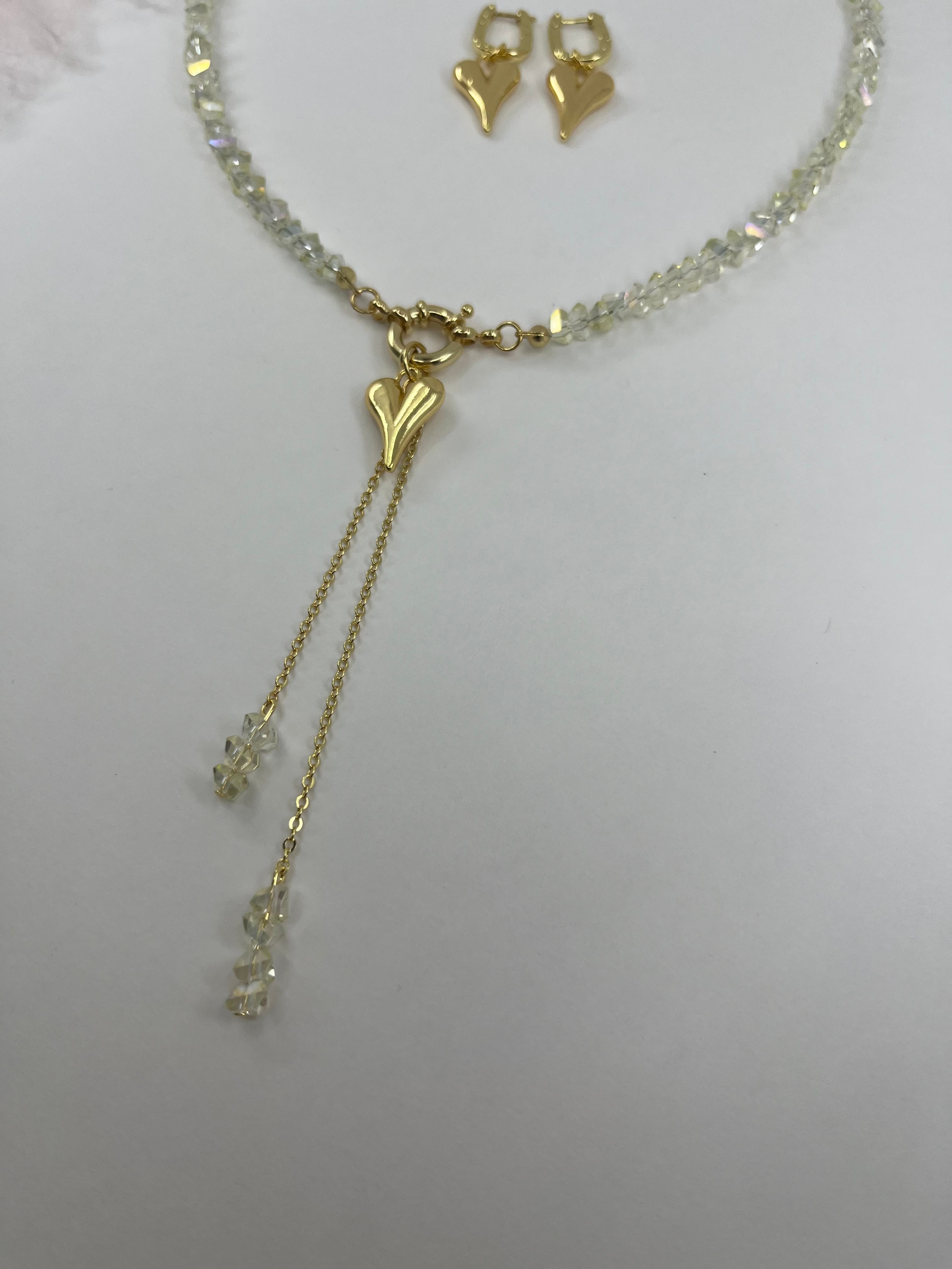 Set: Heart Crystal Y-Necklace and Earrings – 18K Gold Plated