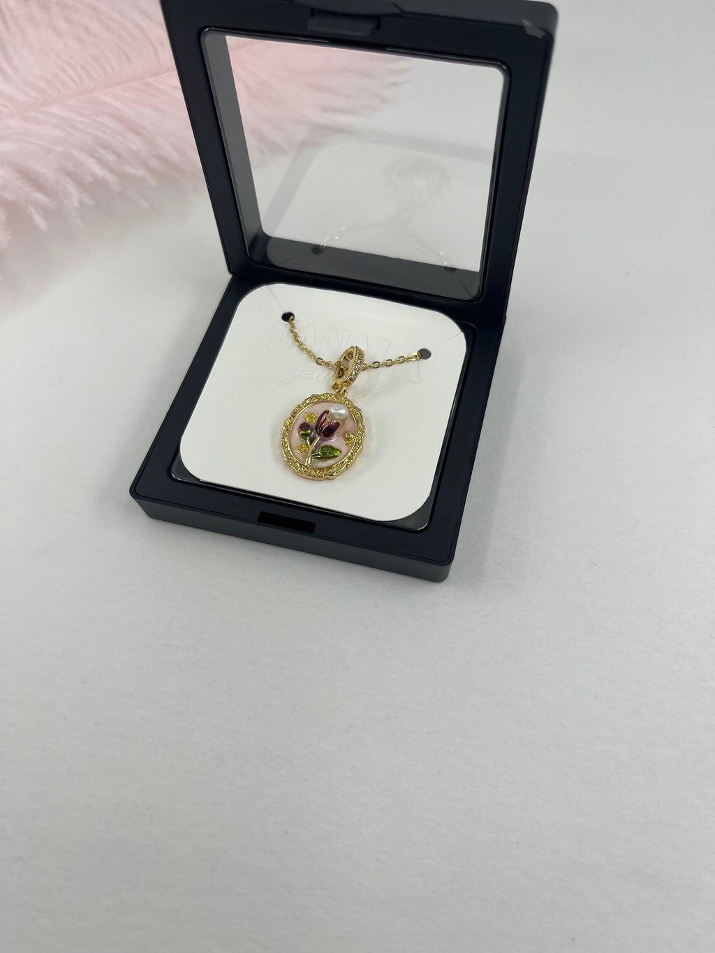 18K Gold Flower Enamel Pearl Pendant Necklace