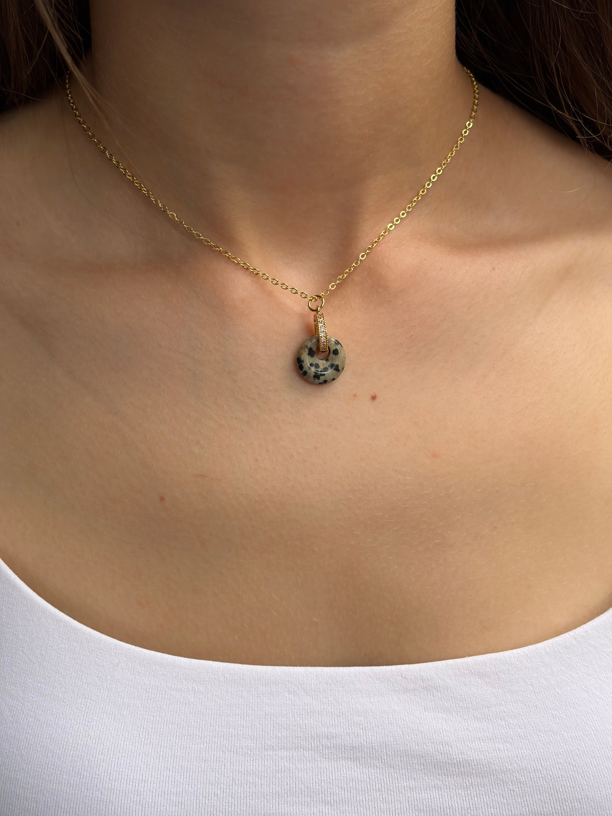 Dalmatian jasper donut Earrings and Necklace, 18K Gold Plated