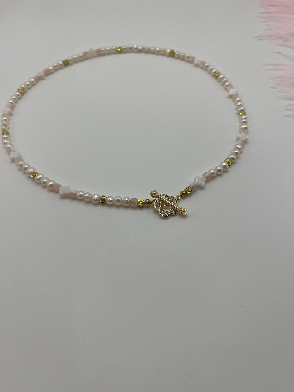 Freshwater Pearl & Shell Necklace with 18K Gold Plated Flower Toggle
