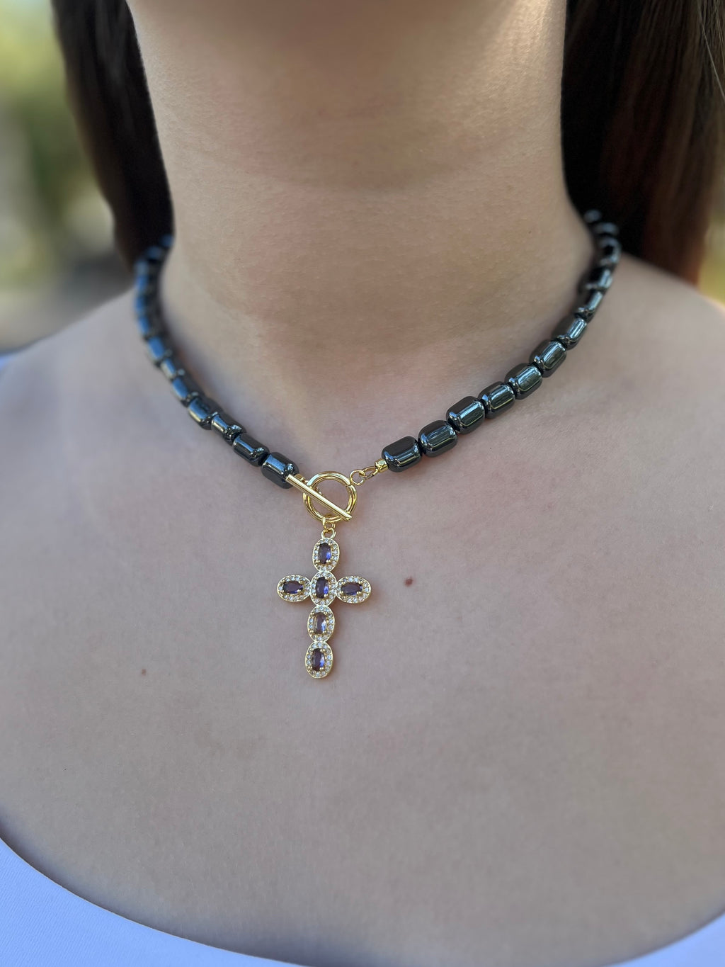 Hematite Choker Necklace with Cross pendant: 18K Gold Plated