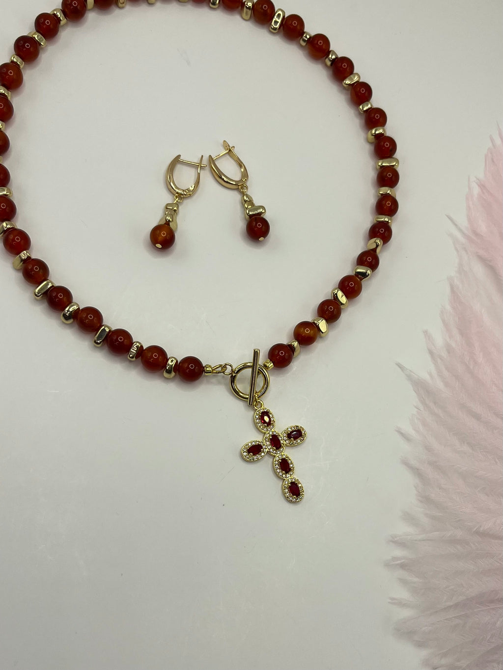 Set: Natural Carnelian Necklace with 18K Gold Cross and earrings
