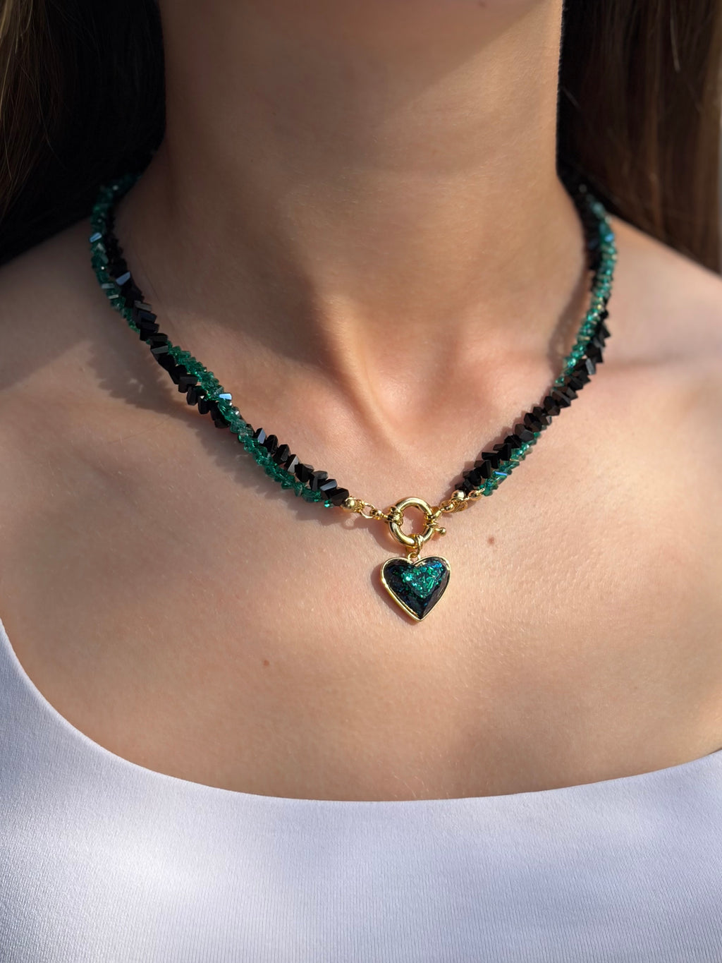 Layered Heart Black and Green Crystal Necklace