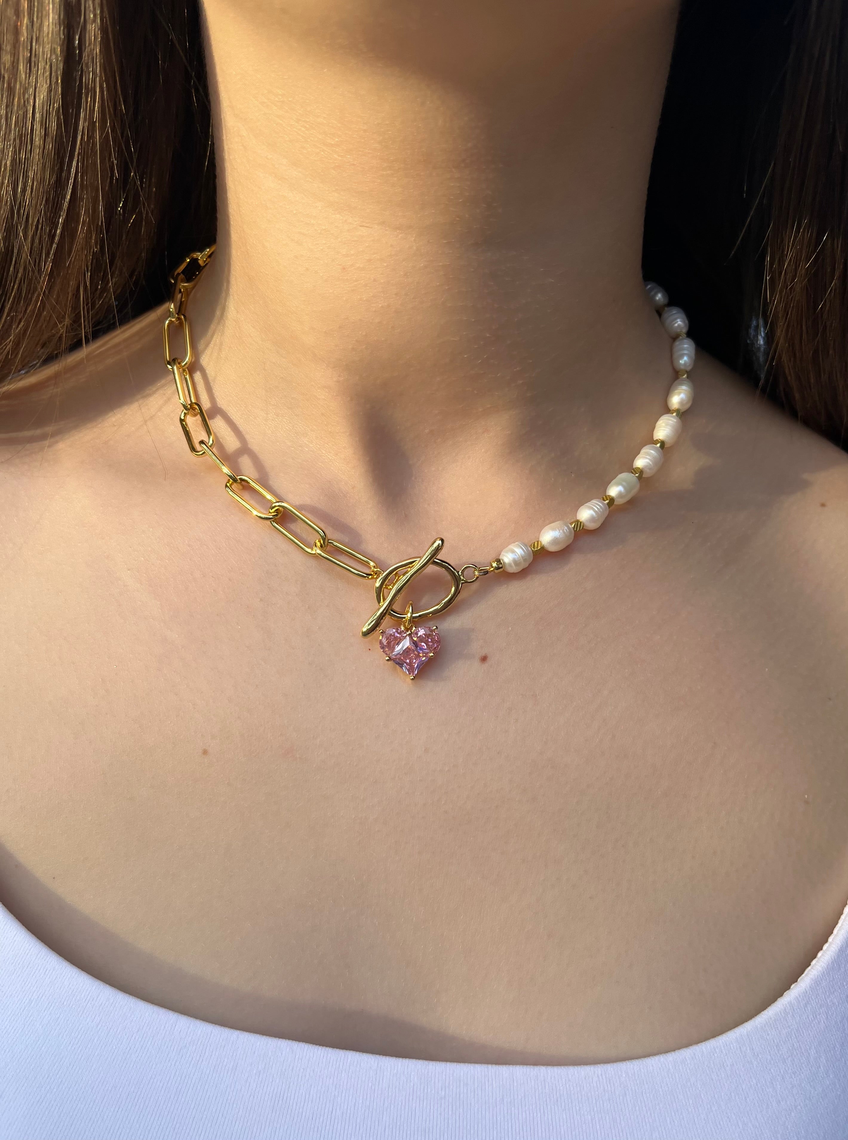 Asymmetrical Pearl Choker Necklace with earrings : 18K Gold Plated