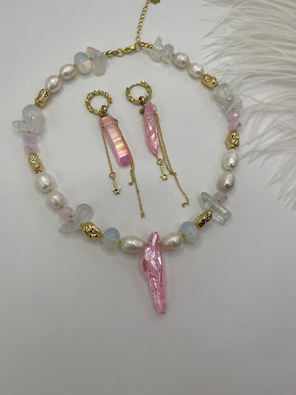 Set: Rose Quartz and Pearls Necklace and Earrings